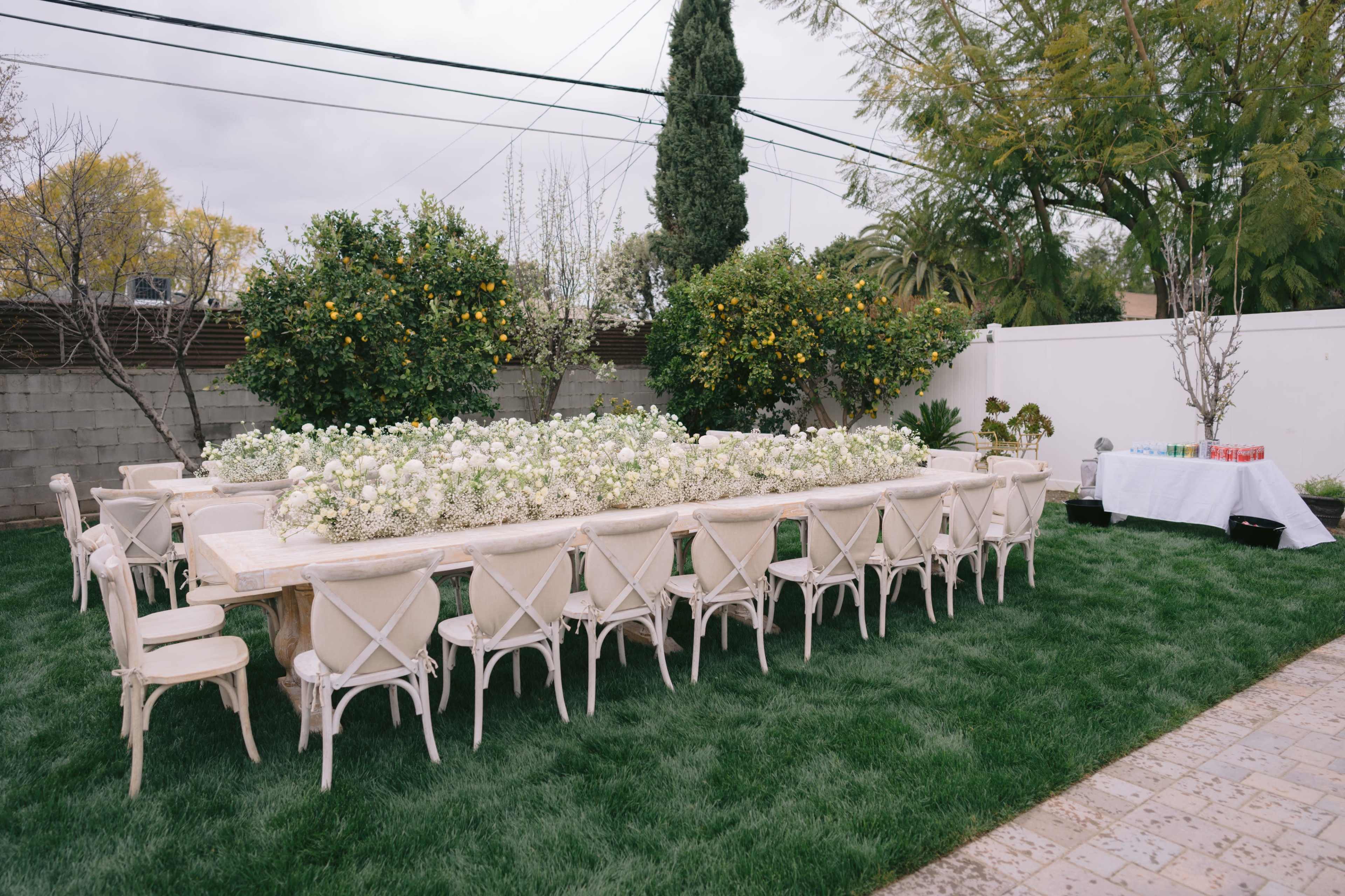 A long outdoor table decorated with white flowers is set up on a grassy area, surrounded by trees and a decorative table in the background.