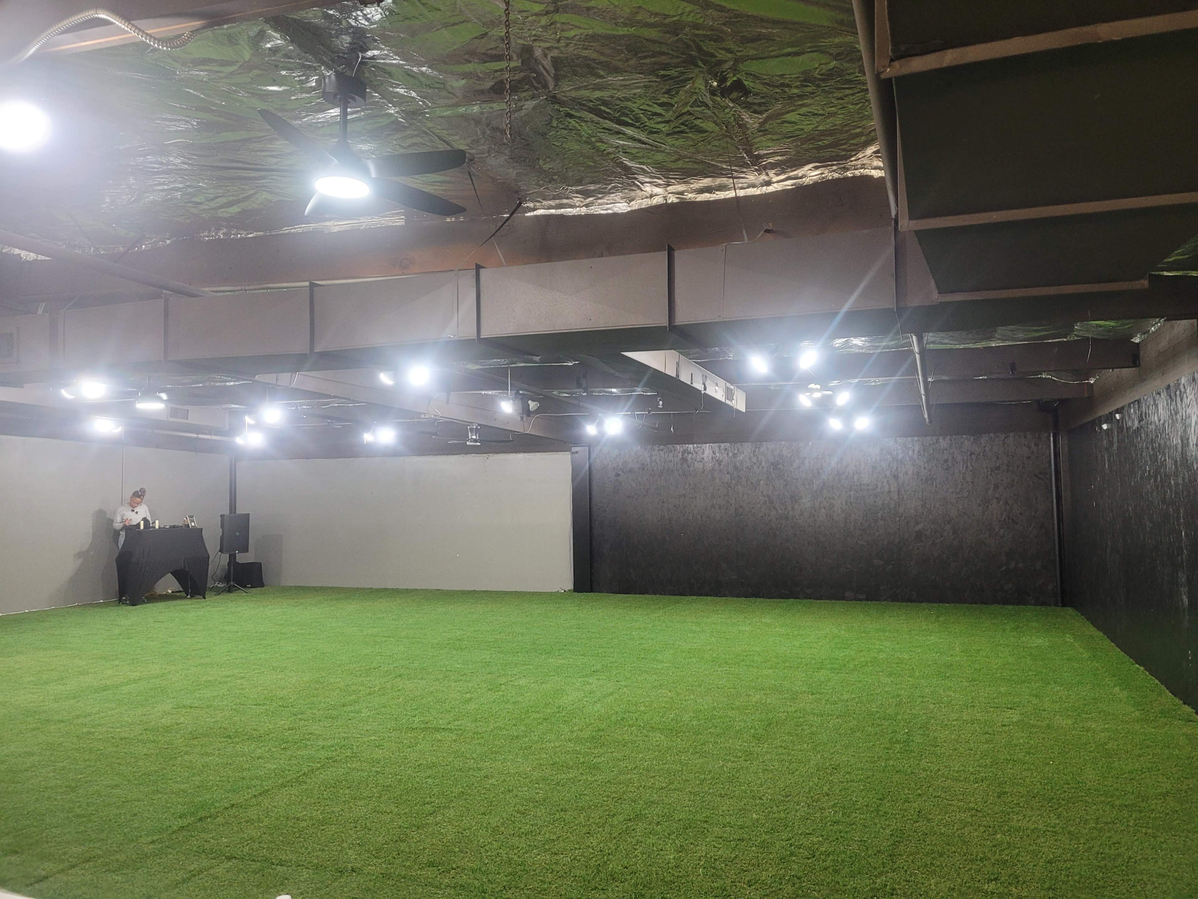The image shows a spacious room with artificial grass flooring, dimly lit by overhead lights, a black wall on one side, and a table with a person at the far end.