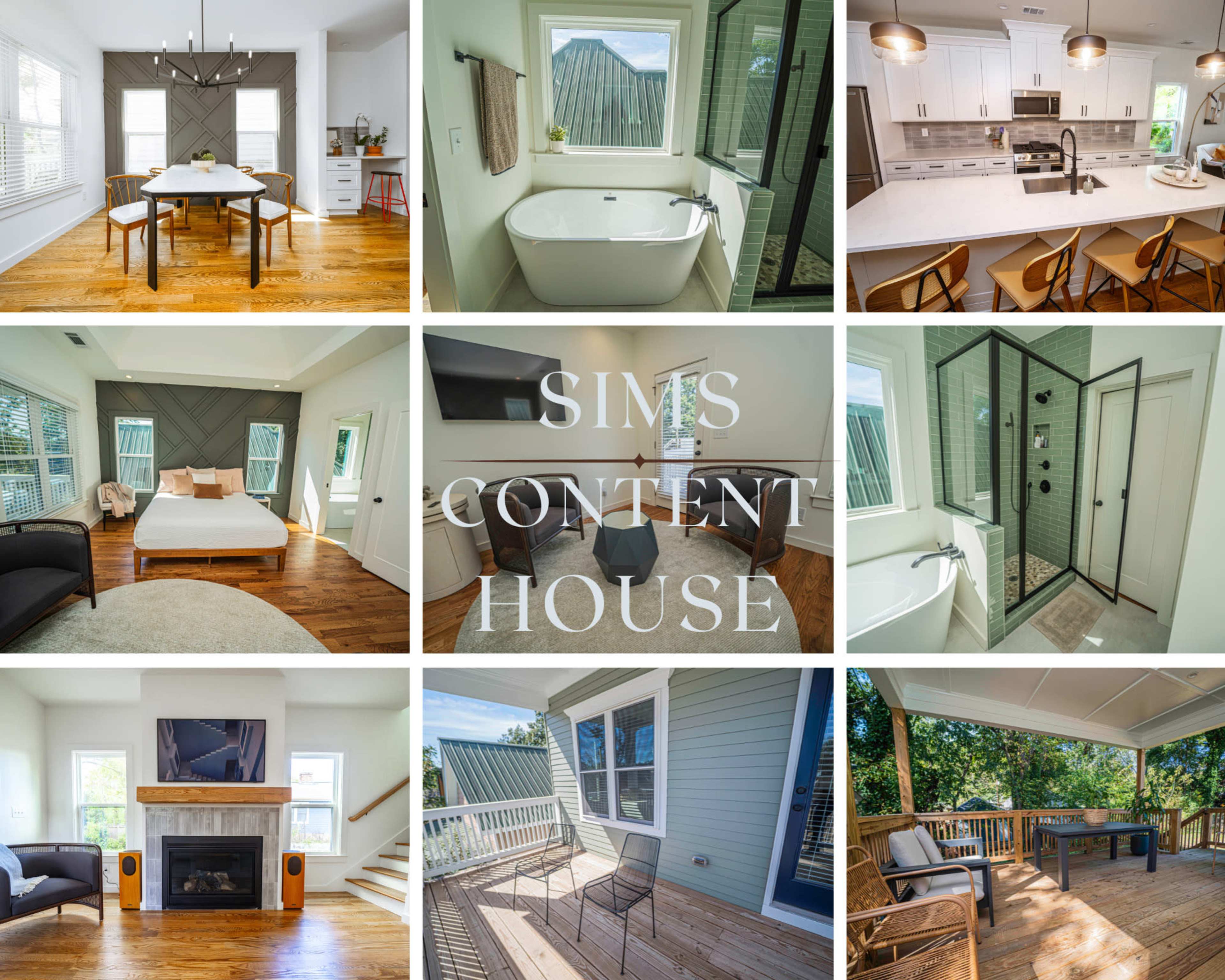 The image displays a collage of various interior spaces from a house, including a dining area, bathrooms, a bedroom, a living room with a fireplace, and an outdoor seating area.