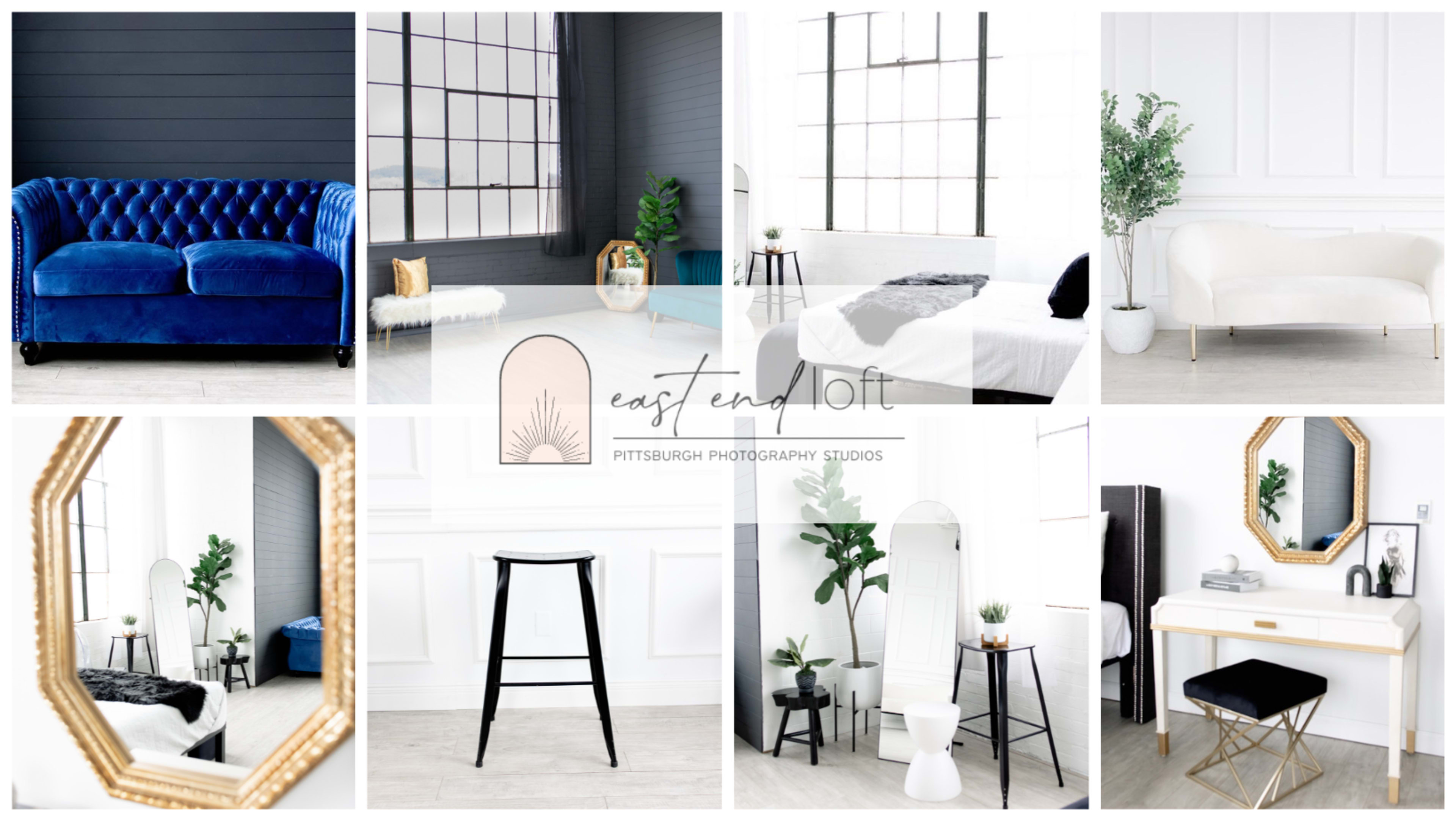 A collage of various interior spaces featuring furniture and decor elements in a photography studio, including a blue velvet sofa, a white bed, and decorative plants.