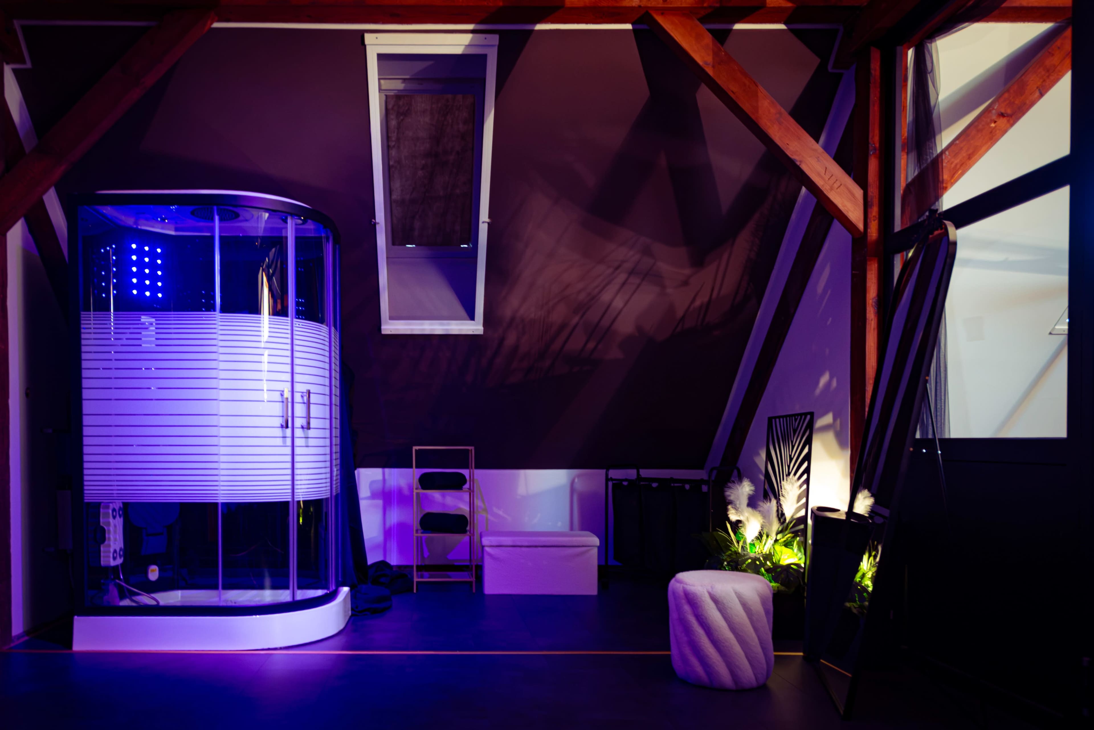 The image shows a modern, minimalist indoor space featuring a circular shower with illuminated panels, a white stool, and potted plants, all set against a backdrop of wooden beams and purple lighting.