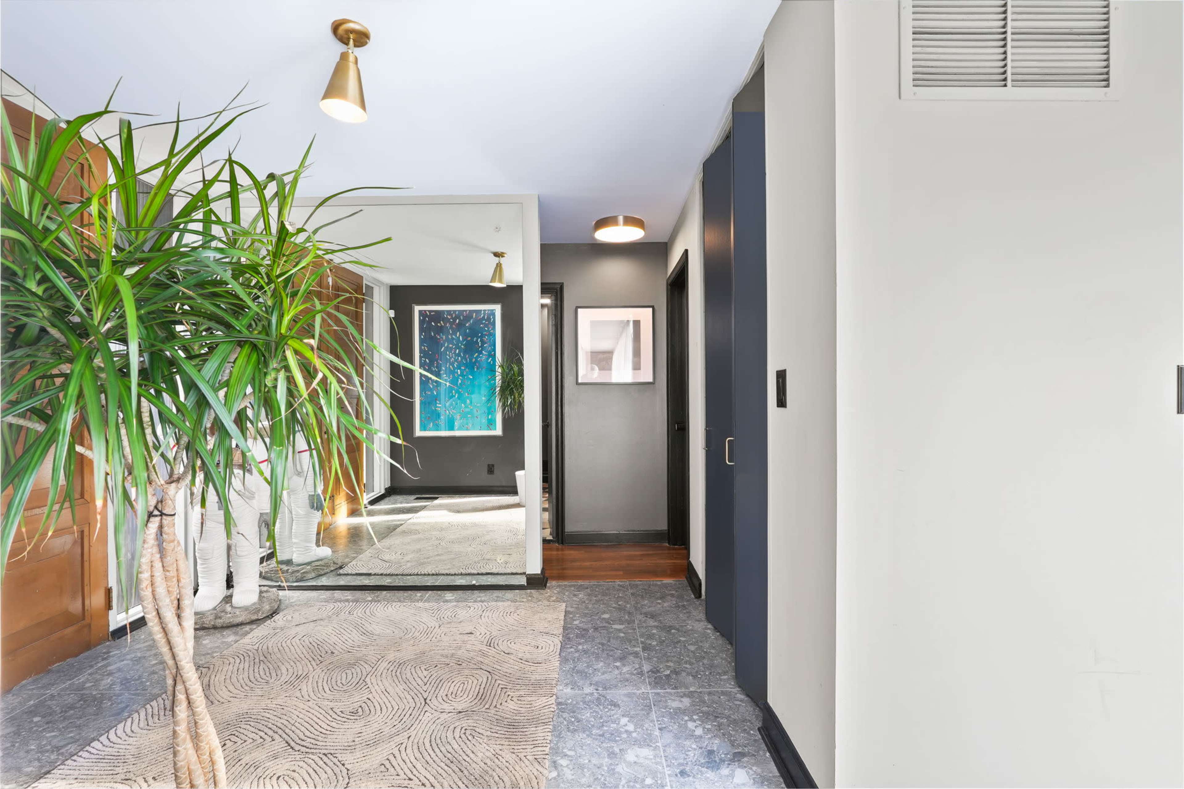 A hallway with a potted plant, a large mirror, and artwork on the wall, accompanied by contrasting dark and light-colored walls and a patterned rug.