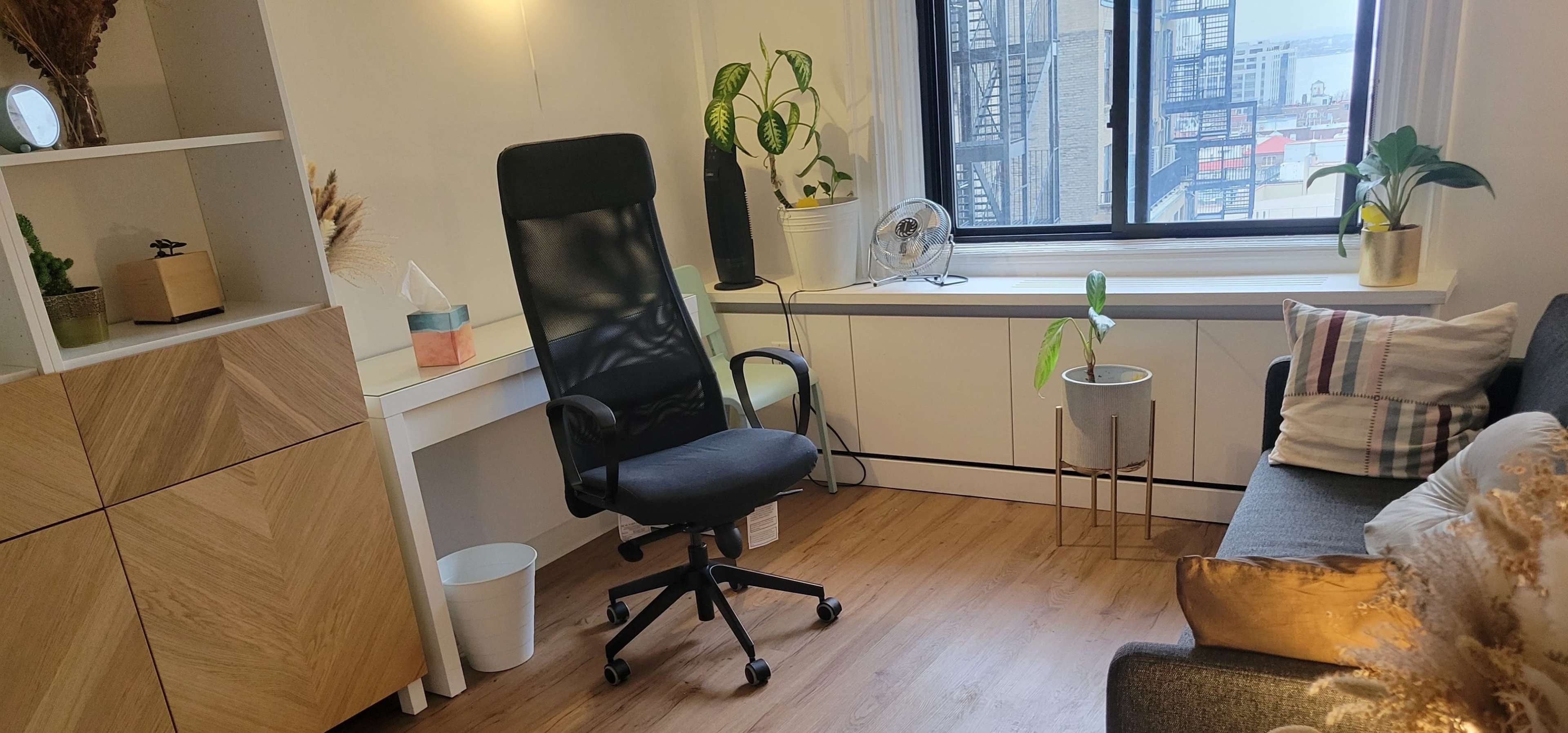 A modern office space features a black ergonomic chair, a desk, a potted plant, and a cozy sofa, all illuminated by natural light from a large window.