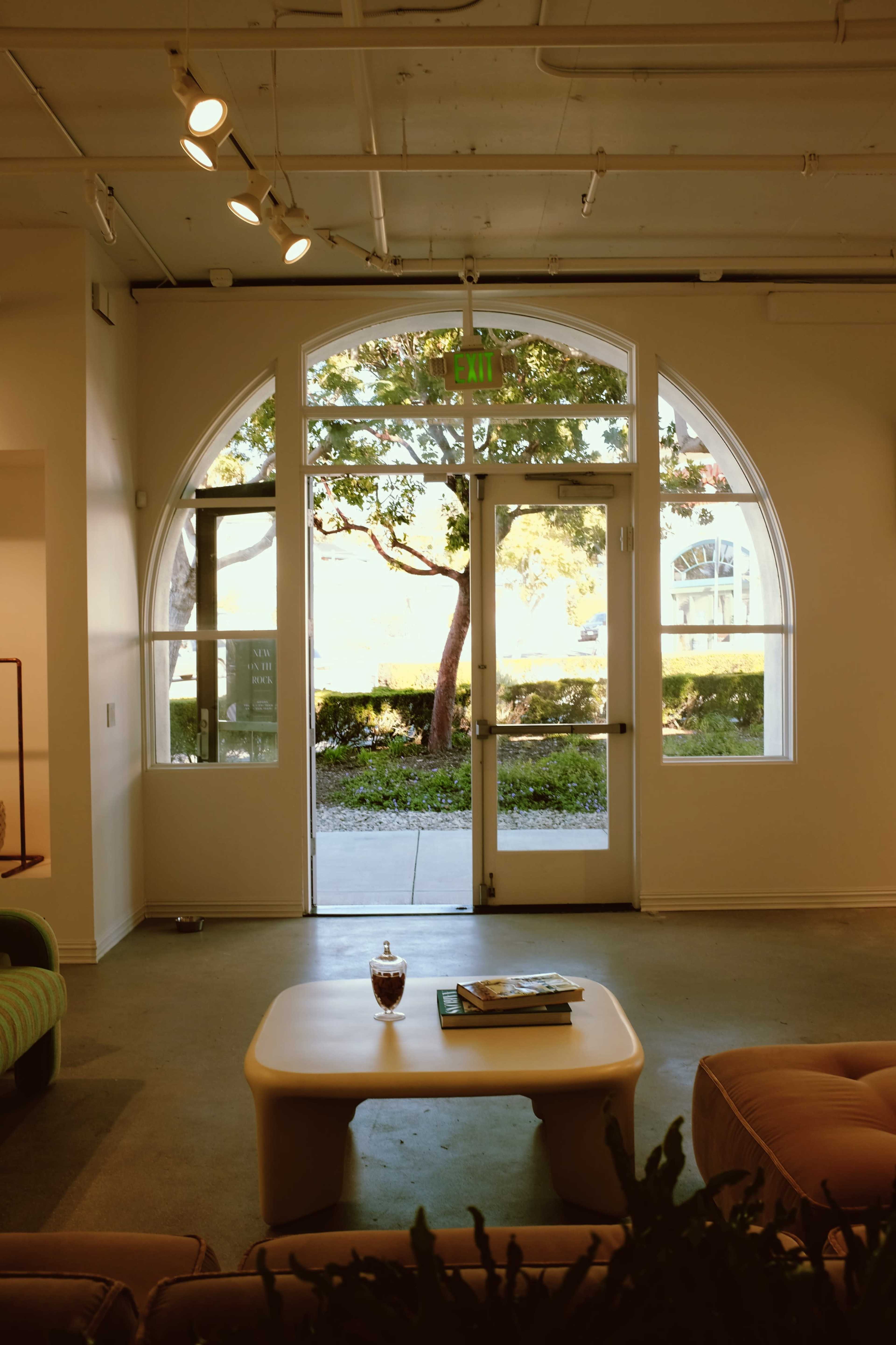 A spacious room features large arched windows that open to a view of a tree and greenery outside.