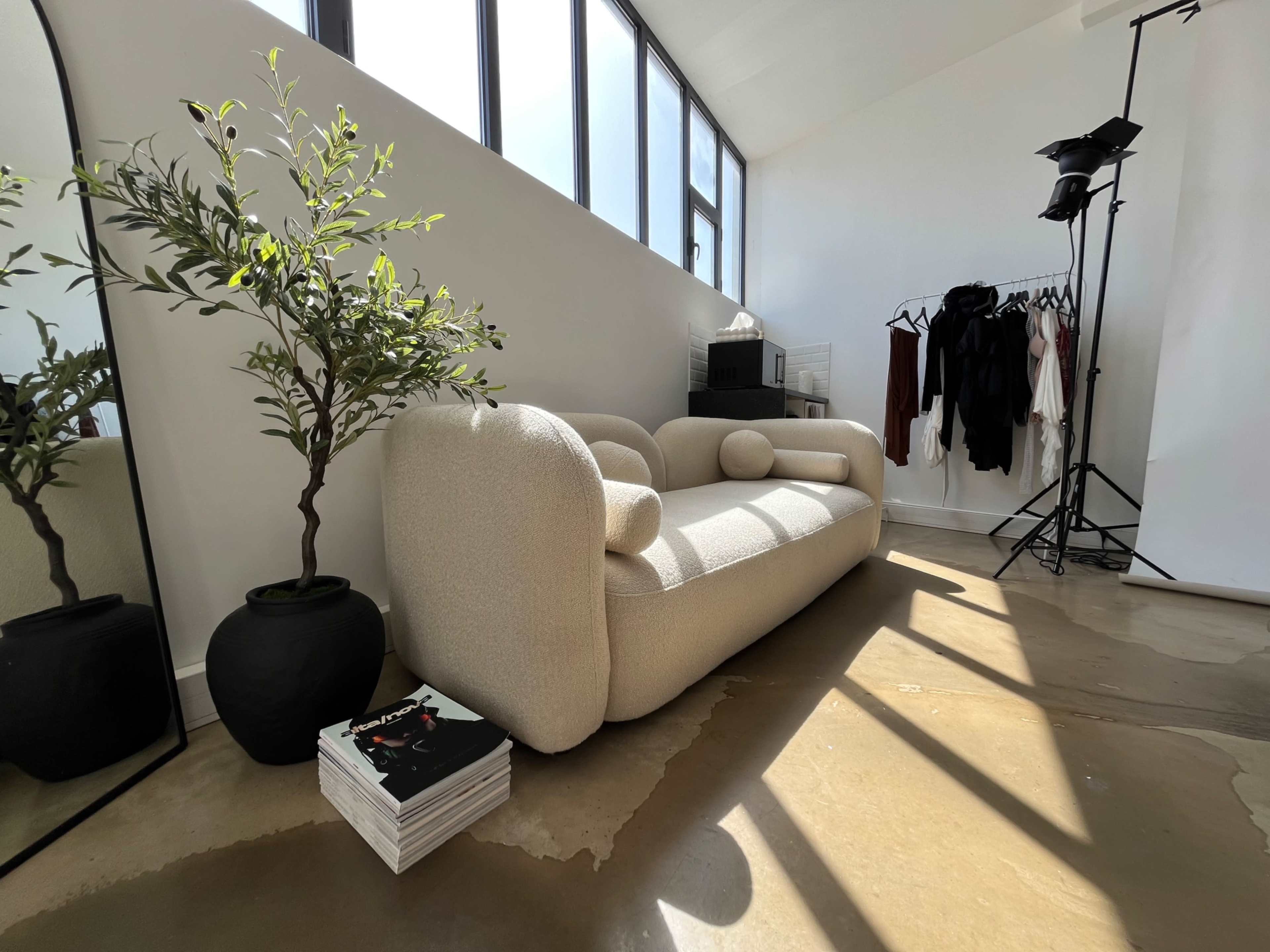 The scene features a modern, light-colored sofa next to a tall mirror, an olive tree in a pot, and a clothing rack with various garments against a wall of large windows.