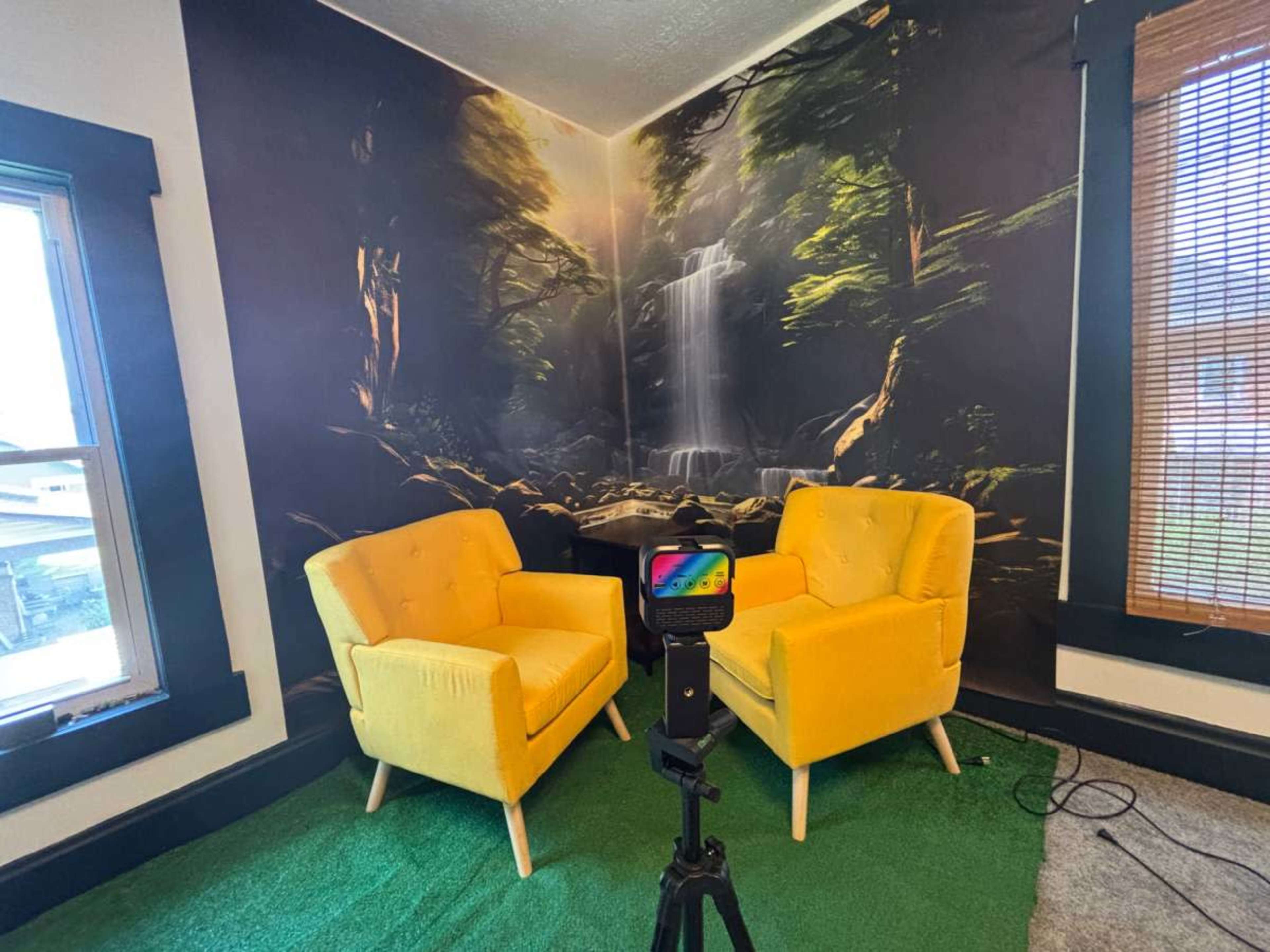 The image shows two yellow armchairs positioned in front of a mural depicting a forest scene with a waterfall.