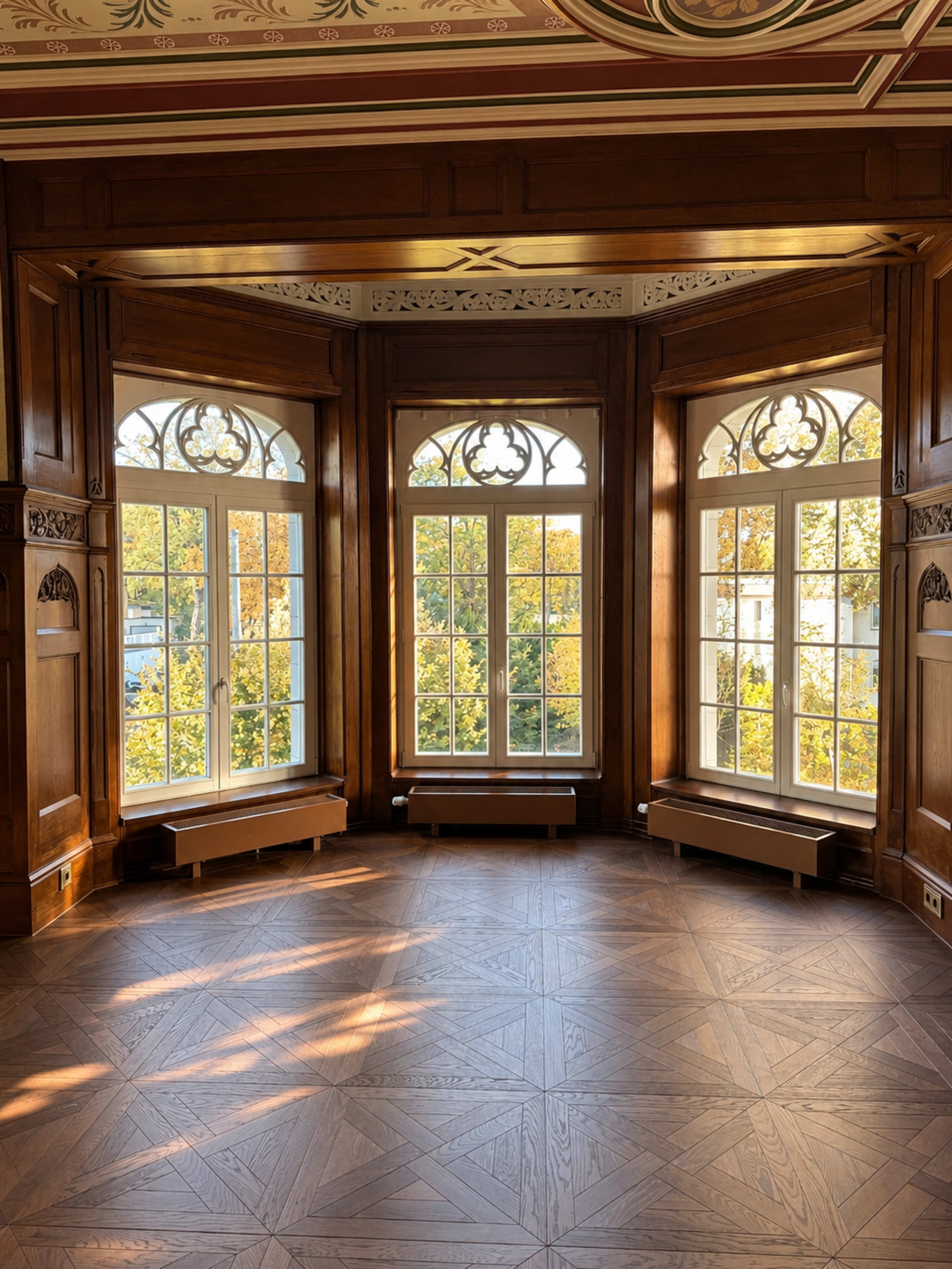 The image shows a room with wooden walls and three large windows that let in natural light, revealing a patterned wooden floor.