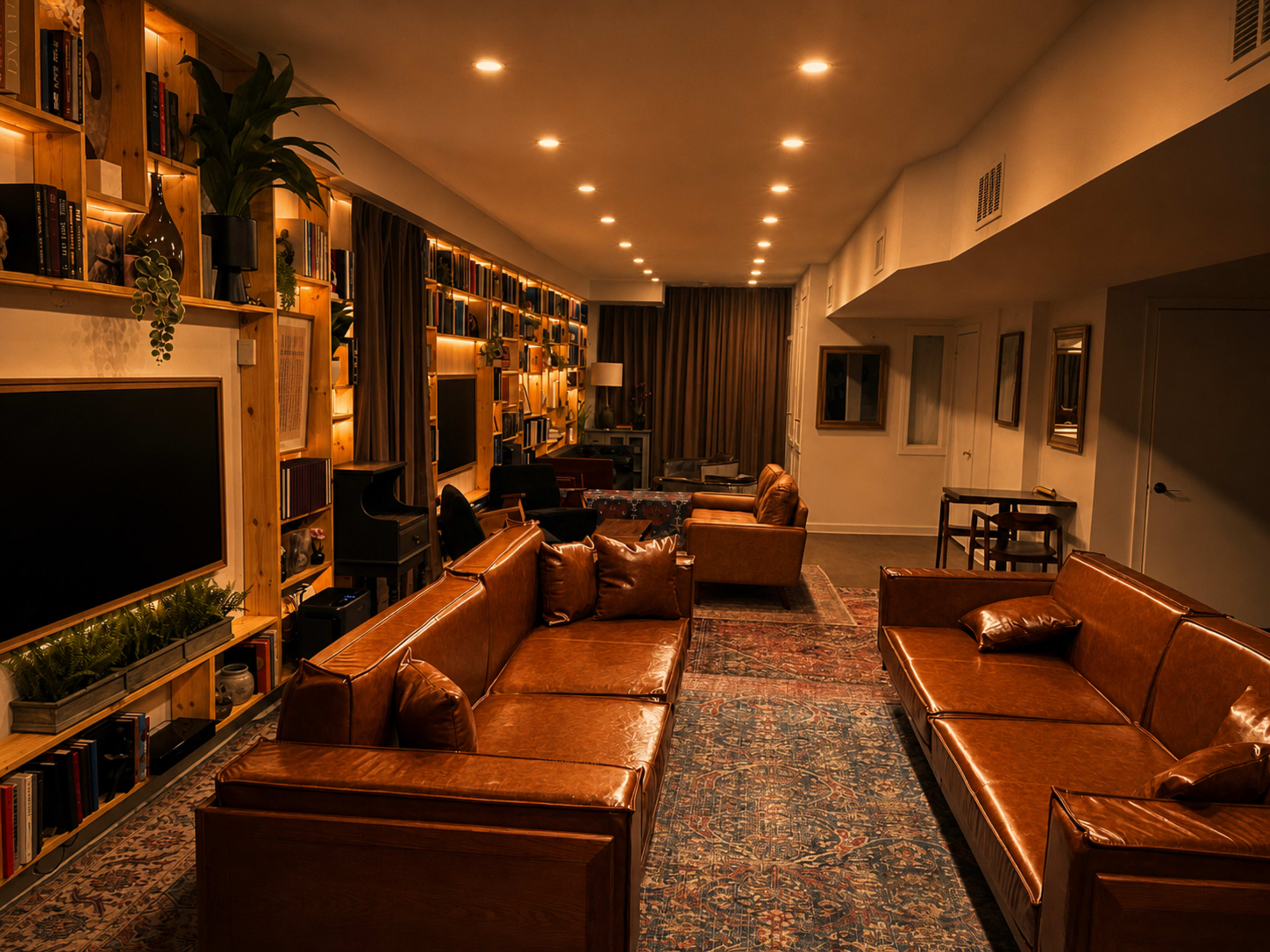 The image shows a modern living room with leather sofas, a large bookshelf illuminated by warm lighting, and a low table arranged on a patterned rug.