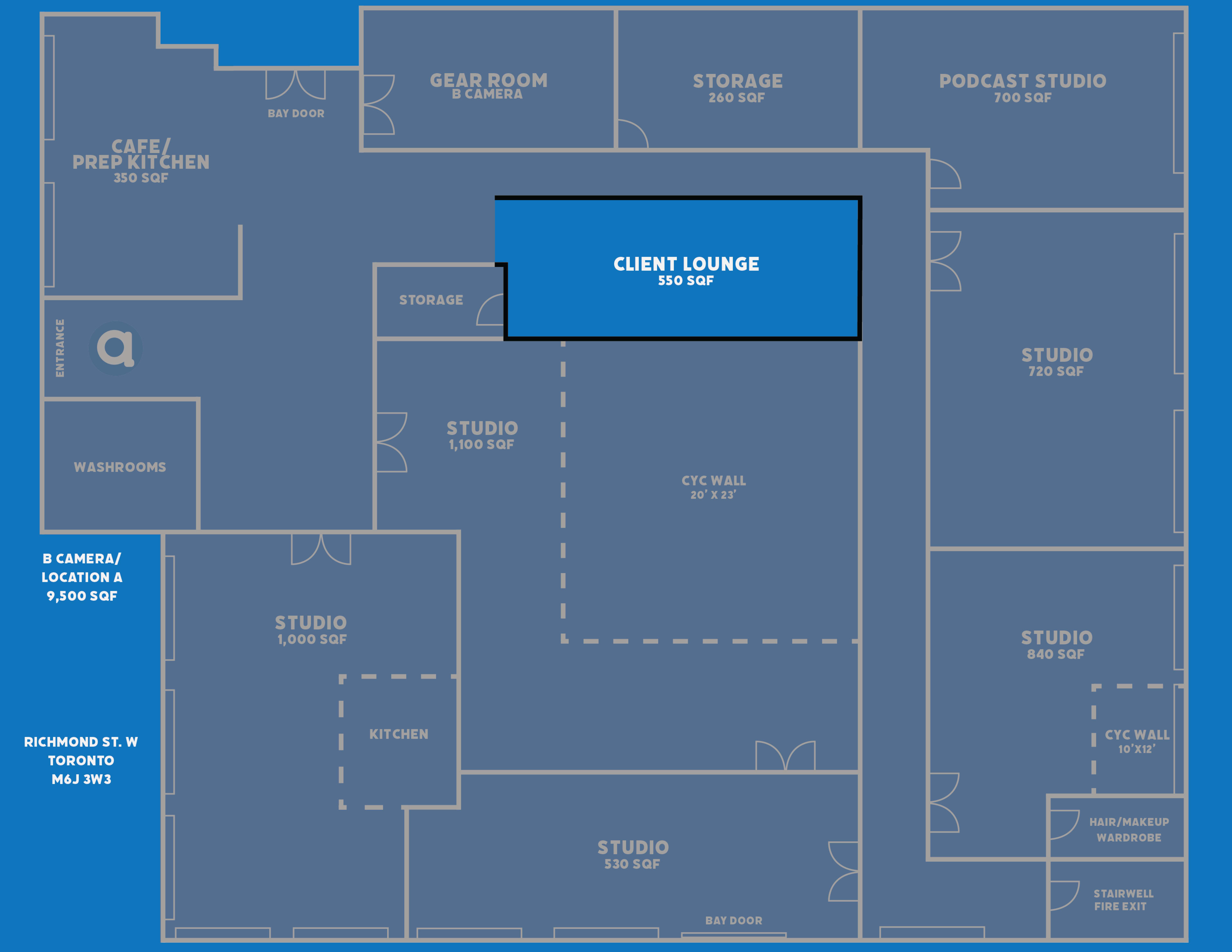 The image is a floor plan of a studio layout in Toronto, detailing various rooms such as a café prep kitchen, podcast studio, client lounge, and multiple storage and studio areas.