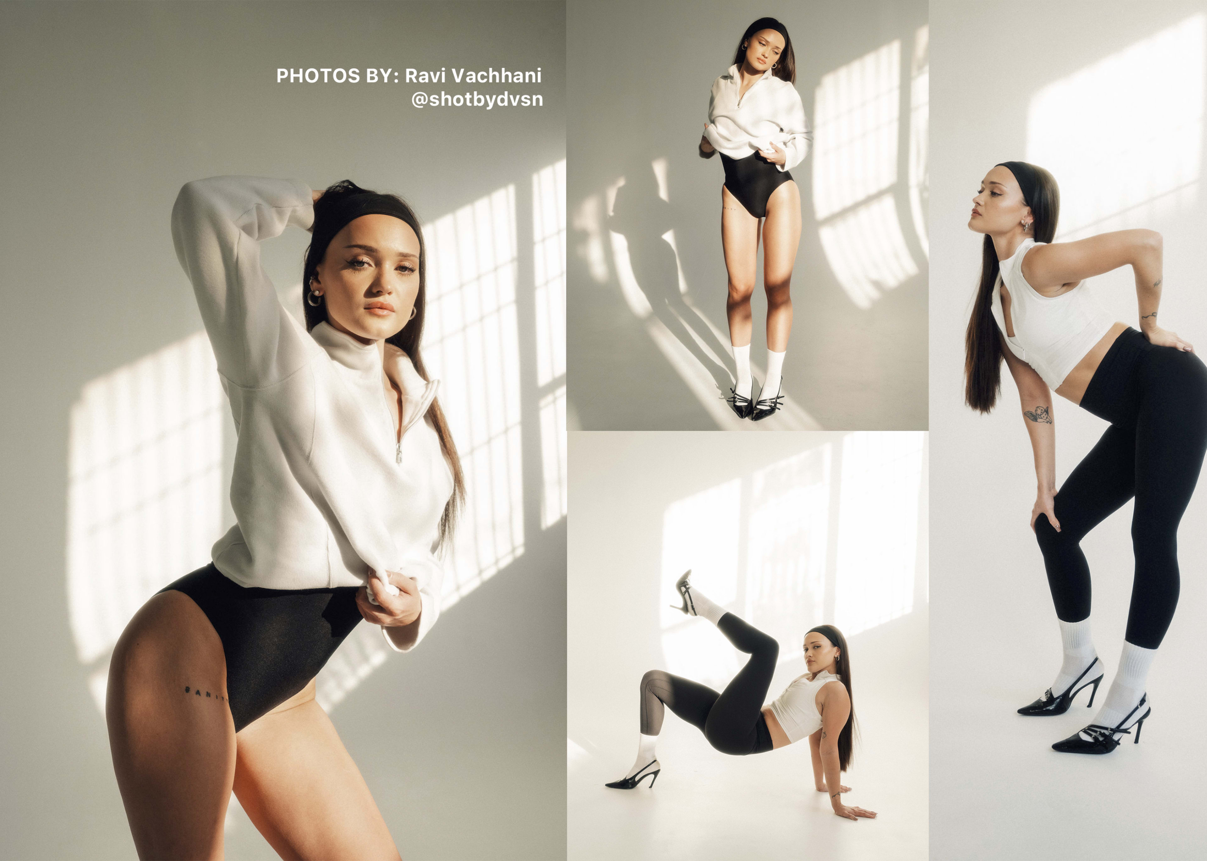 The image features a model posing in various styles, showcasing a mix of athletic and casual fashion against a well-lit backdrop.