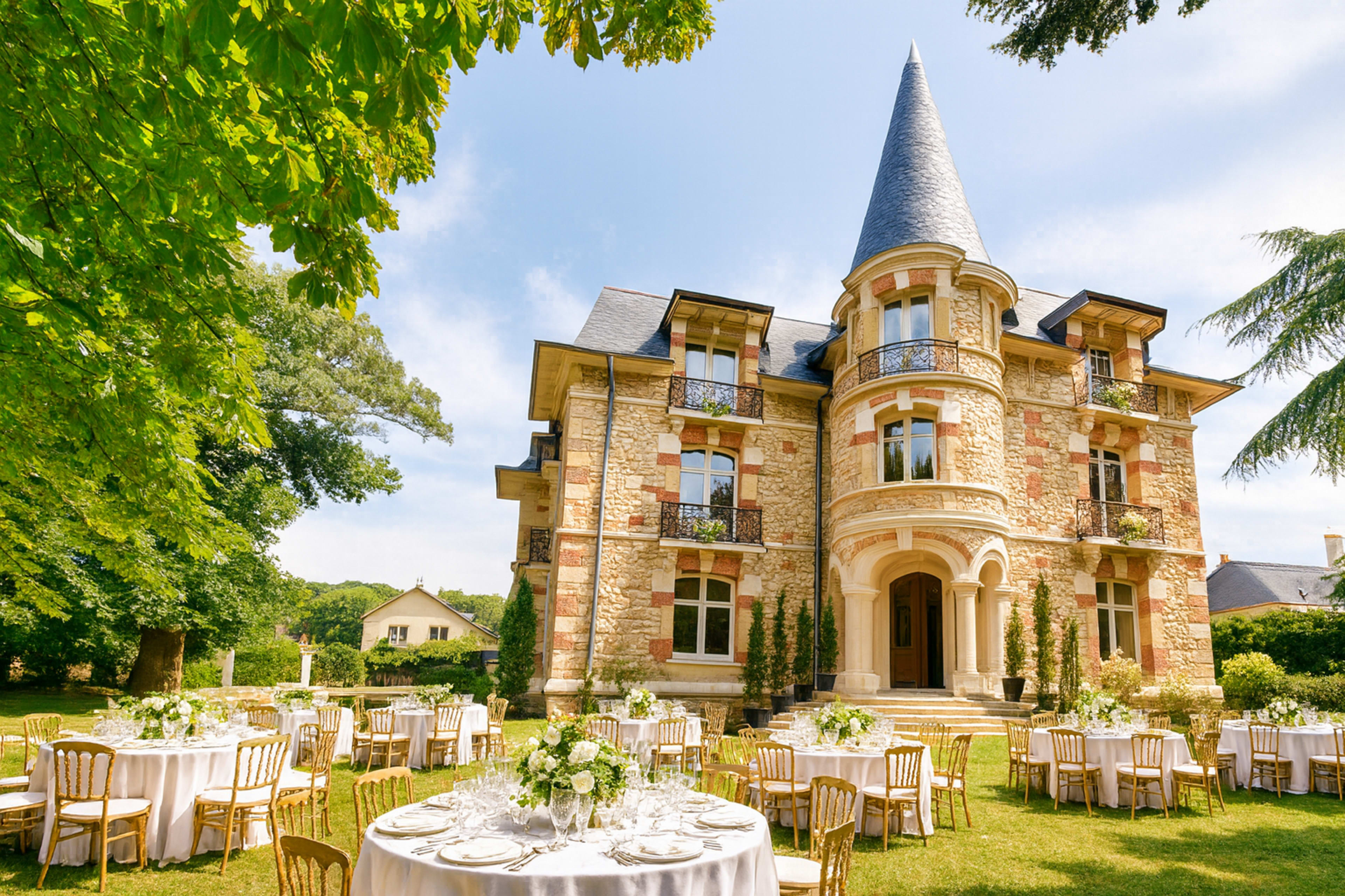 A large stone mansion with a pointed turret is surrounded by tables set for an outdoor event on a lush green lawn.