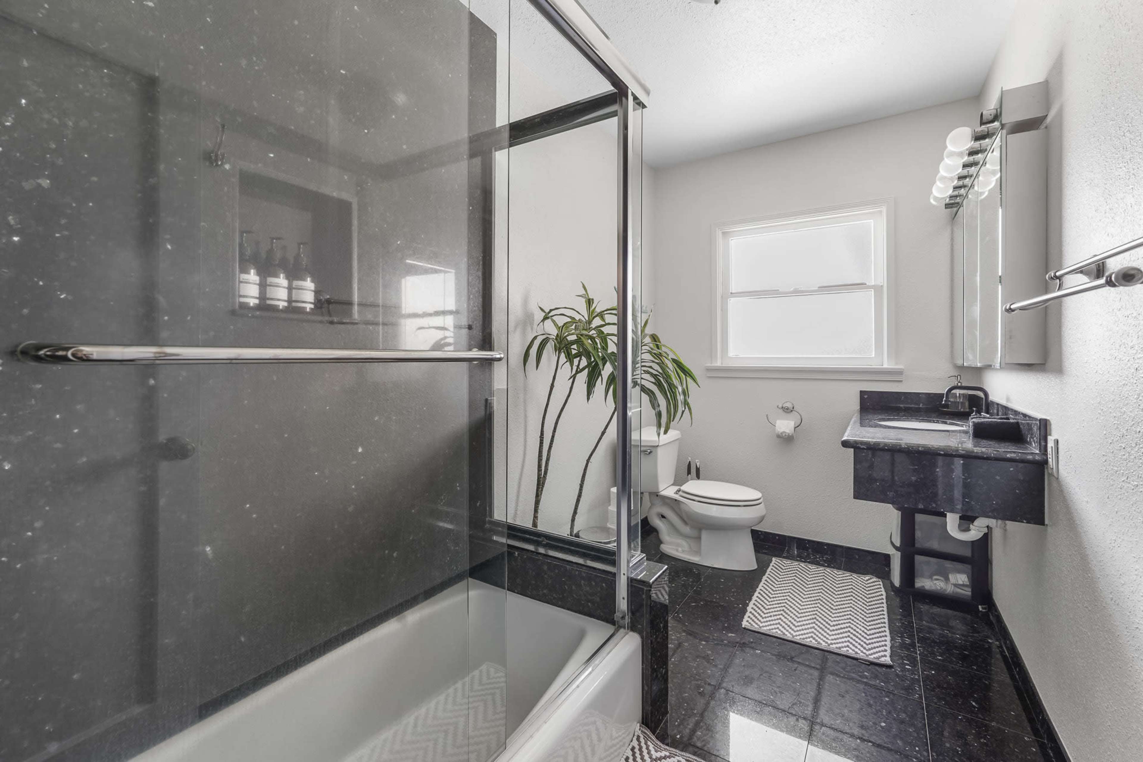 The image shows a modern bathroom featuring a glass shower enclosure, a toilet, a dark countertop sink, and a potted plant.