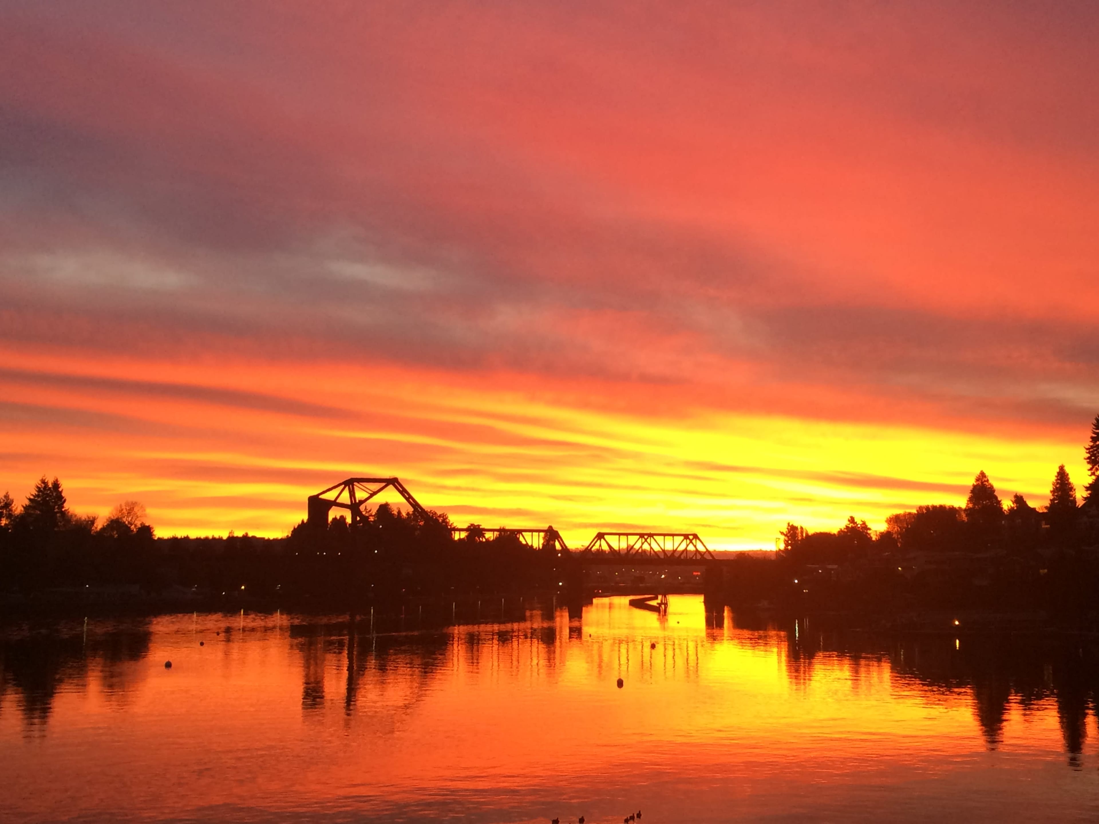 The image shows a river at sunset, reflecting vibrant orange and yellow hues in the sky and water, with bridges silhouetted in the foreground.