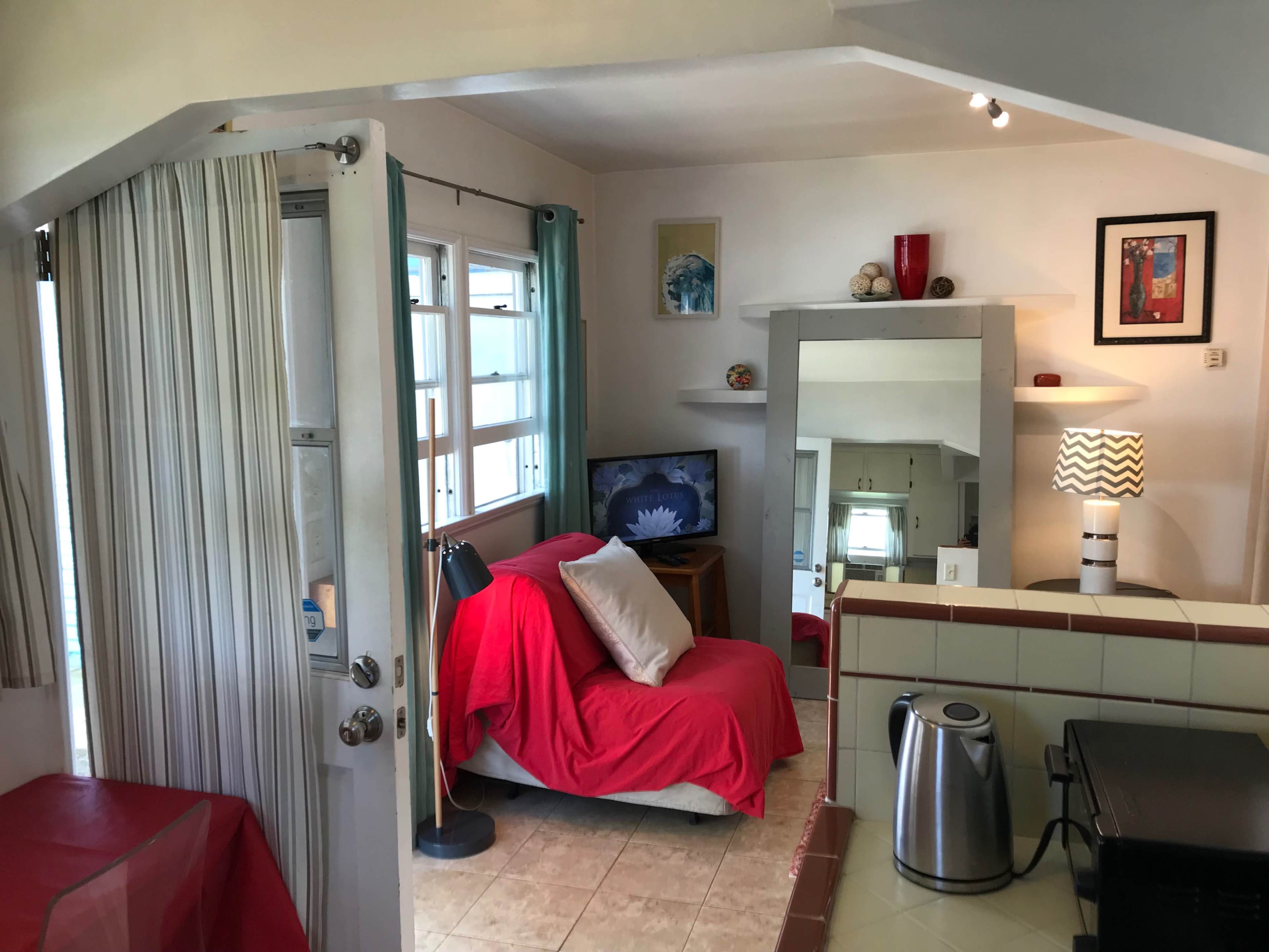 The image shows a small living space with a couch draped in a red blanket, a television, a mirror, and a kitchenette area.