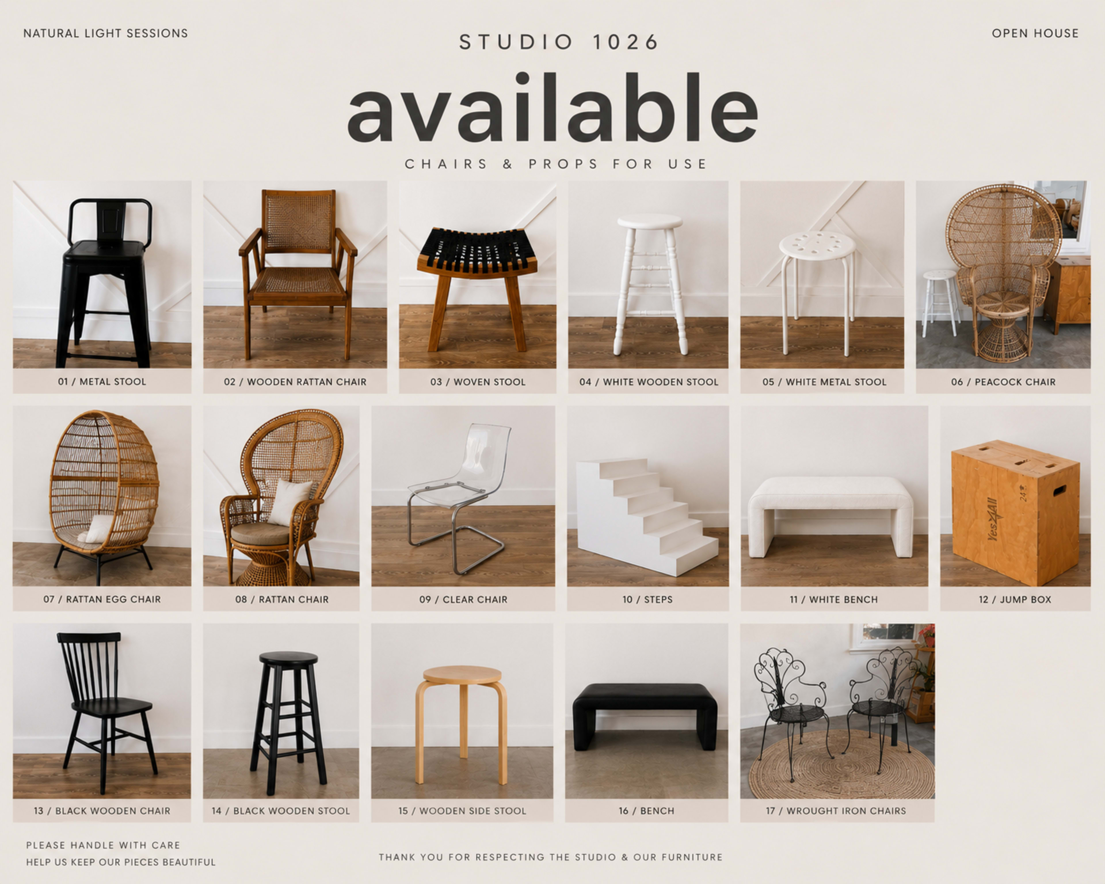 The image displays a grid of various chairs and props available for use at Studio 1026, including different styles like metal, wooden, and wicker designs.