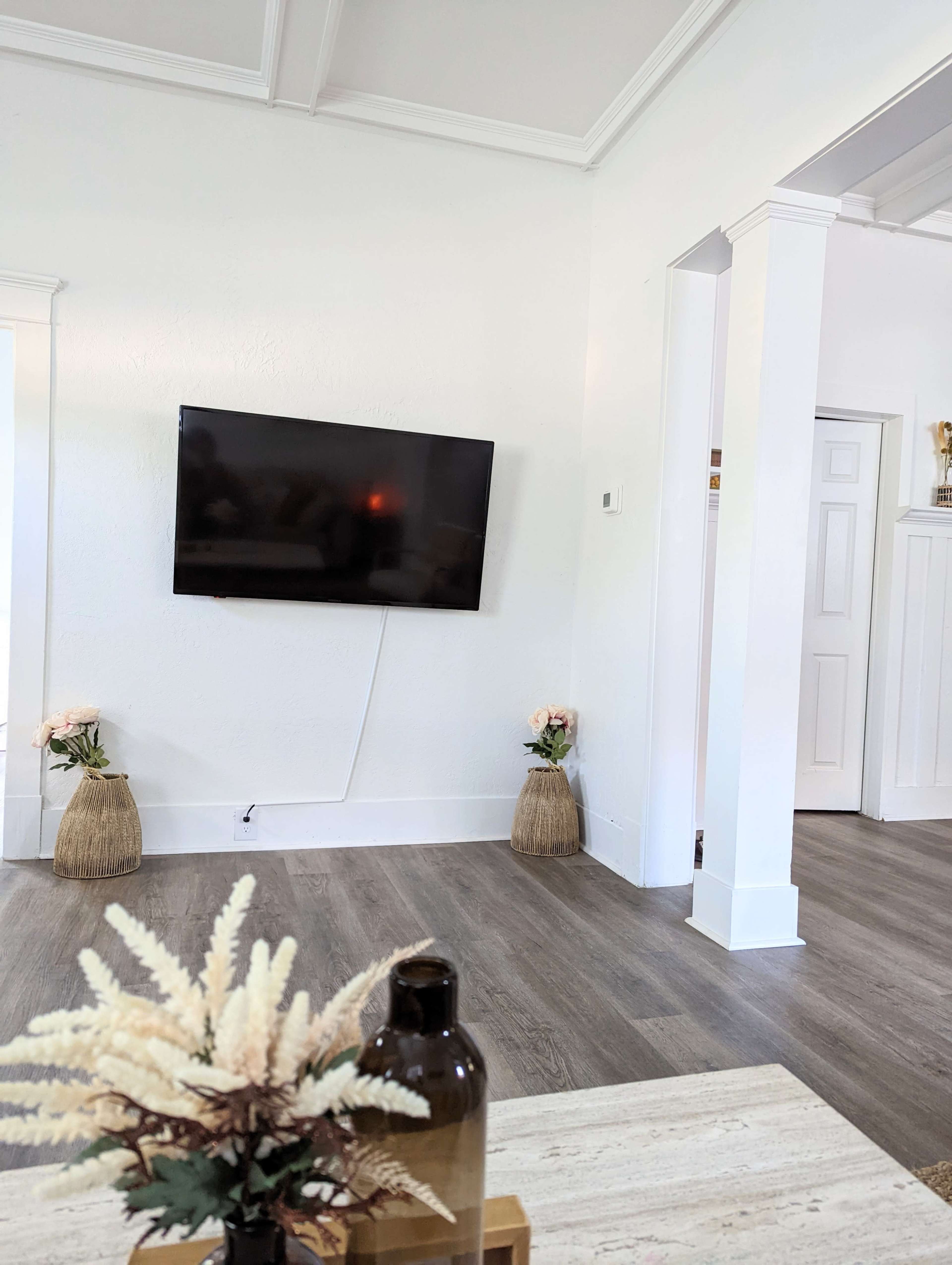 A modern living room with a mounted television on a white wall, two decorative plants in woven baskets on the floor, and a coffee table in the foreground.