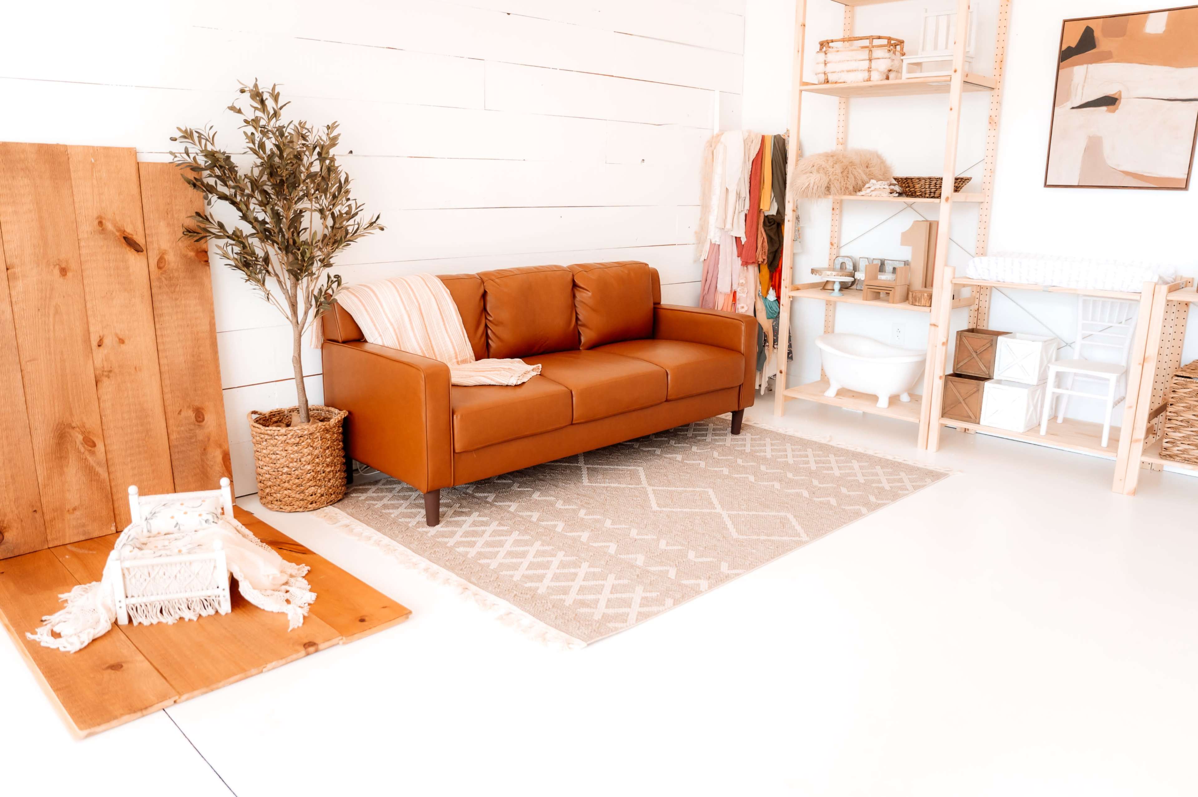 The image showcases a cozy living space featuring a brown sofa against a white wall, accompanied by a decorative plant, wooden shelving, and various home decor items.