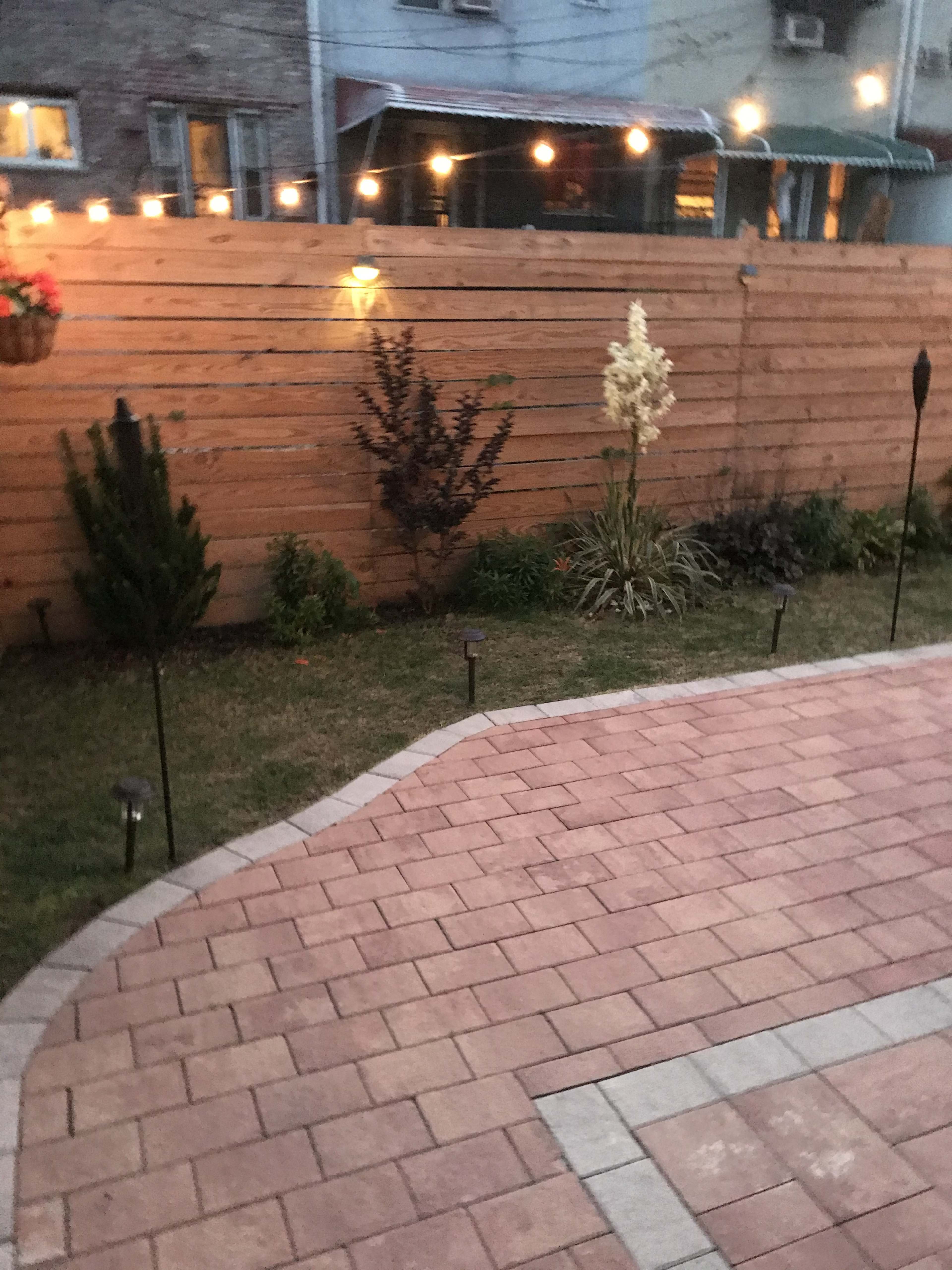 The image shows a landscaped backyard with a stone pathway, wooden fence, and lights hanging above the garden.