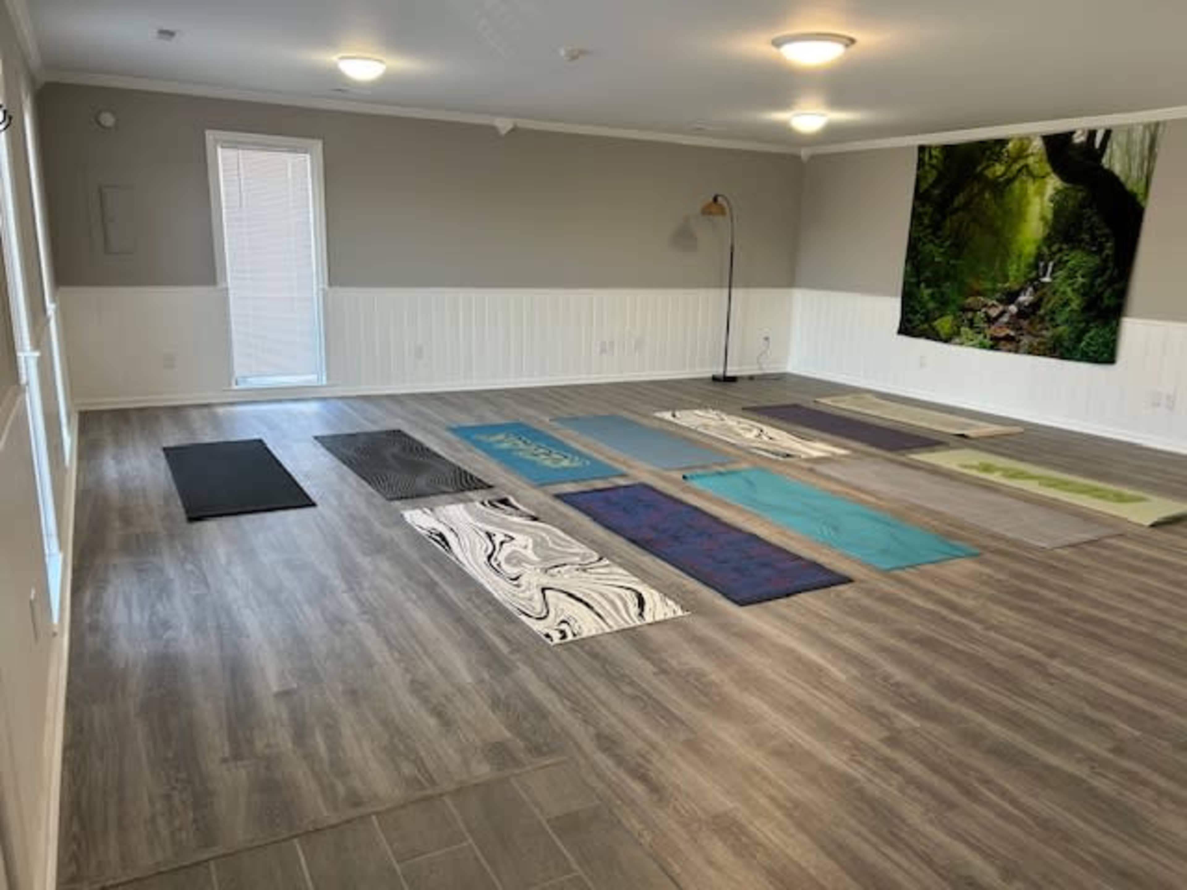 A spacious room with several yoga mats arranged on the floor, a floor lamp, and a large mural depicting a forest scene on one wall.