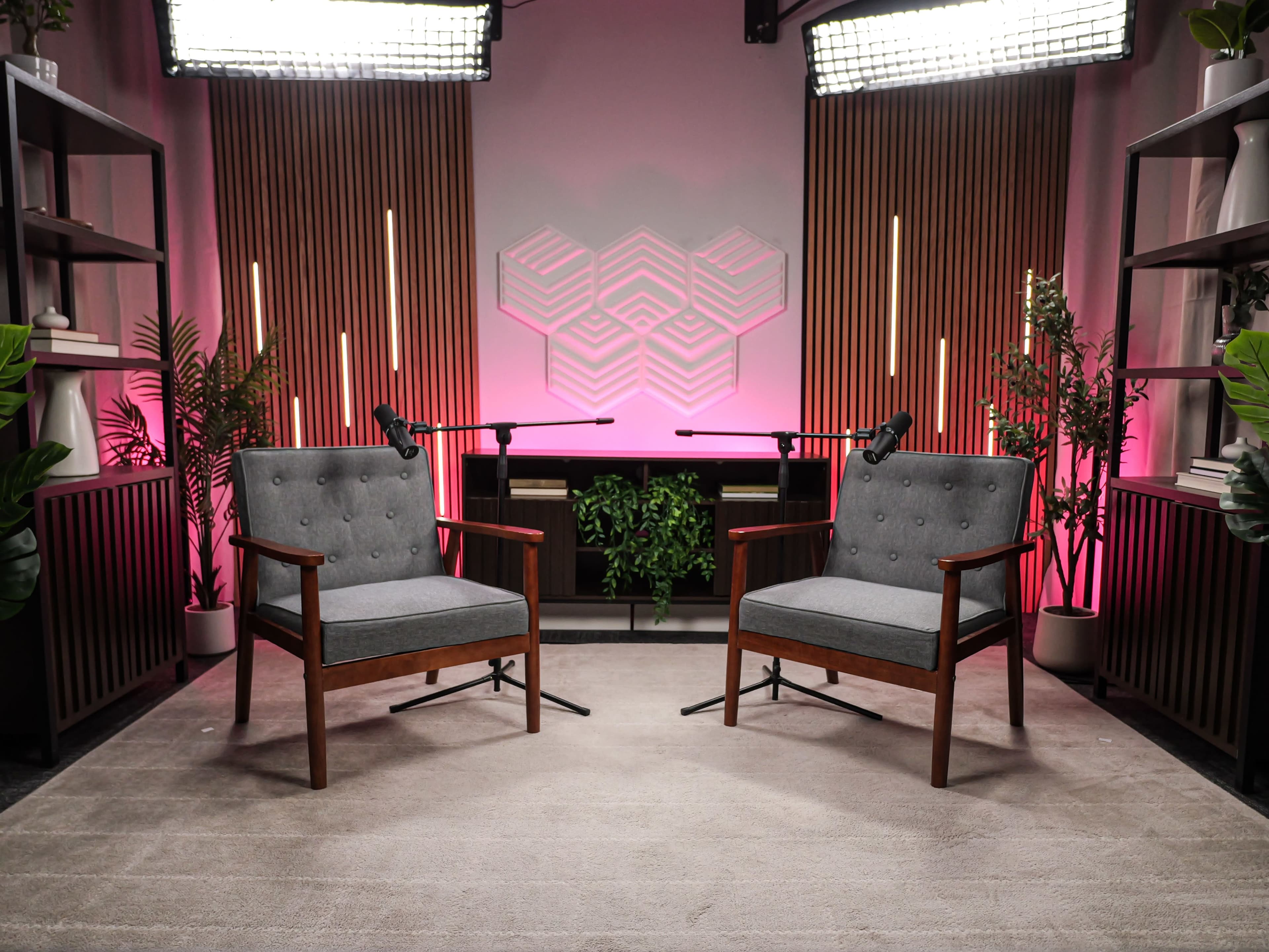 The image shows a modern interview setup with two gray armchairs on a light carpet, surrounded by plants, acoustic panels, and soft lighting.