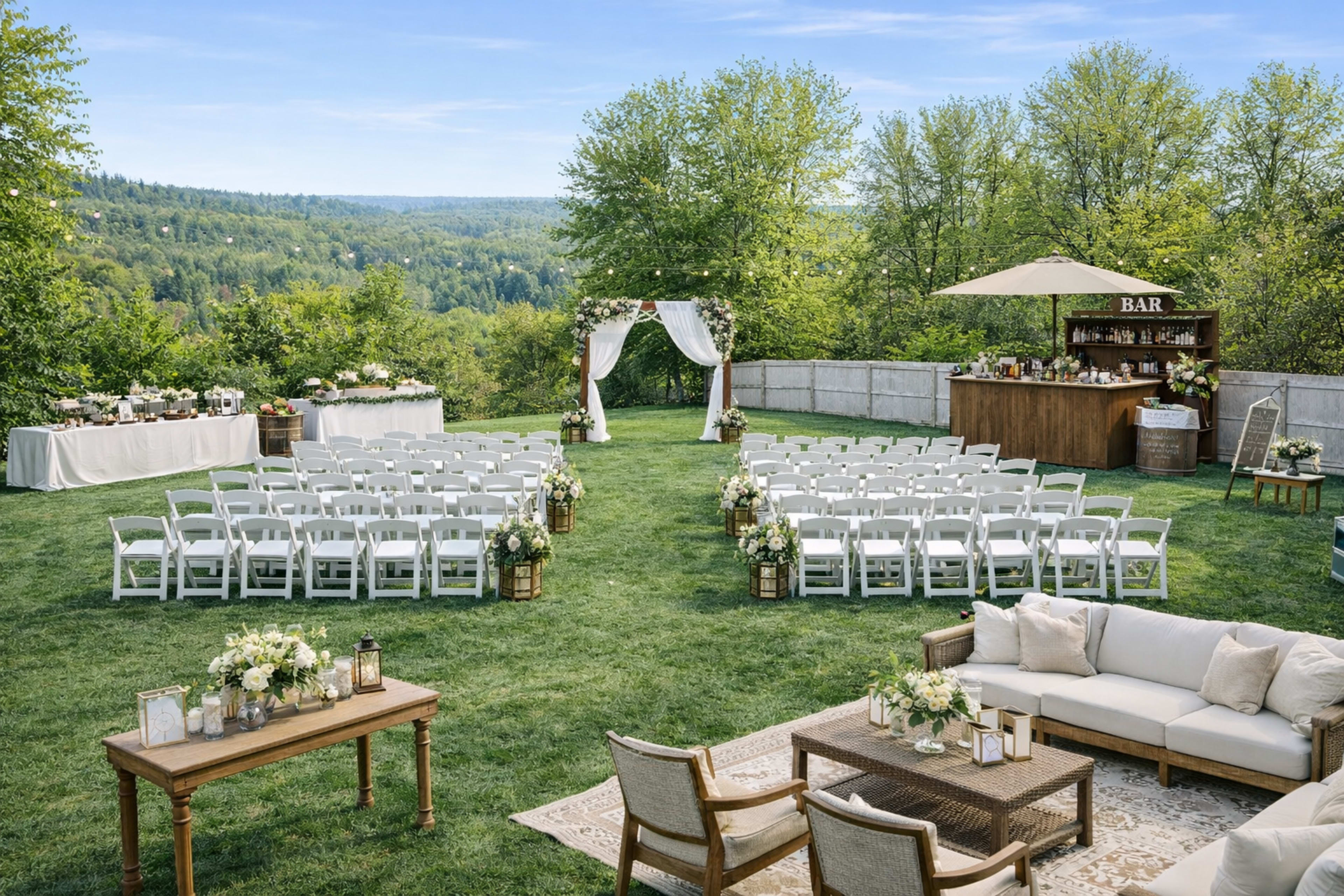 The image shows a beautifully arranged outdoor wedding venue featuring rows of white chairs, a floral arch, a bar setup, and tables decorated with floral centerpieces.
