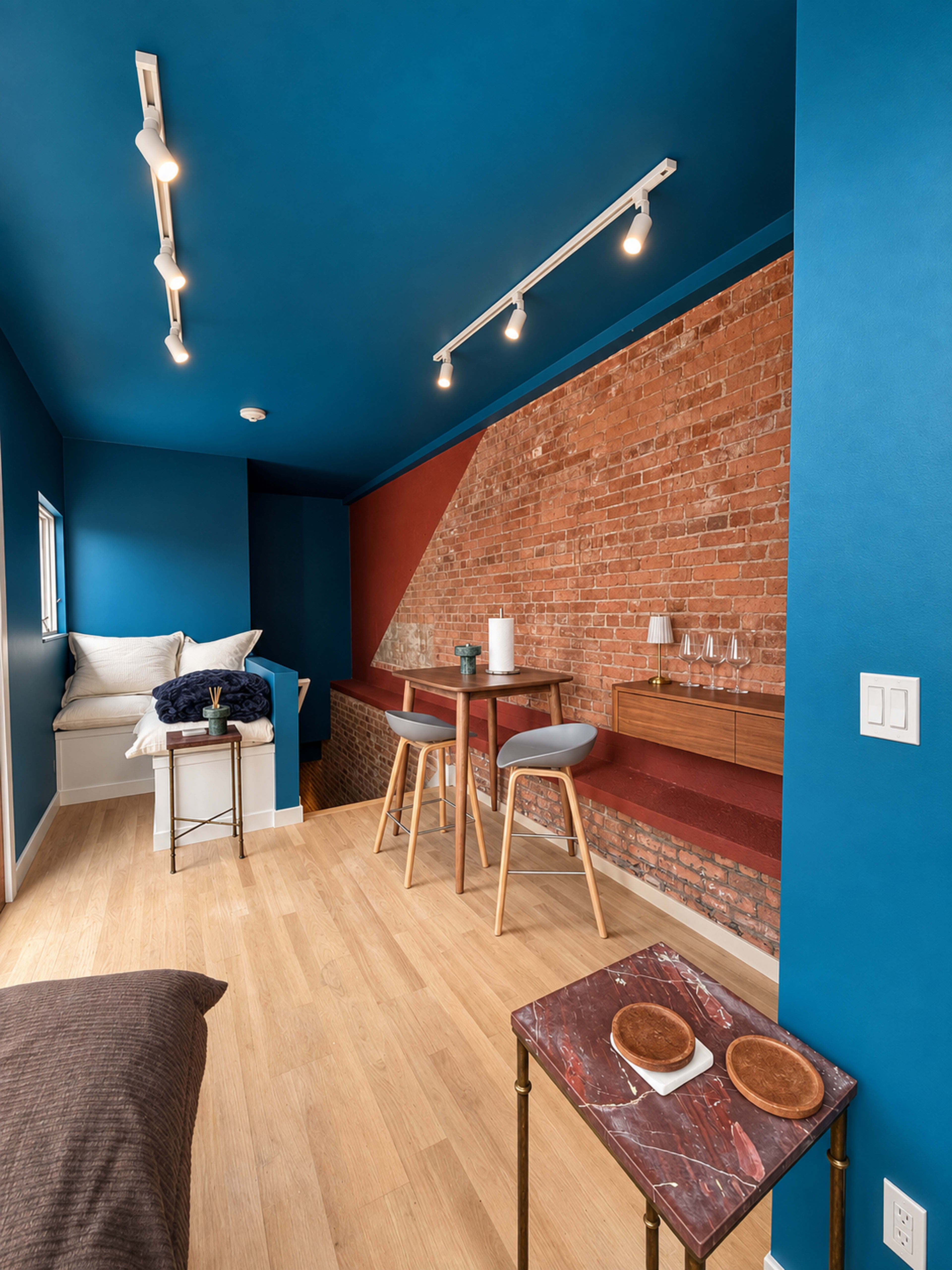 The image shows a small, modern living space featuring blue walls, a rustic brick accent wall, a dining area with two chairs and a table, and a cozy corner with a bed and decorative elements.
