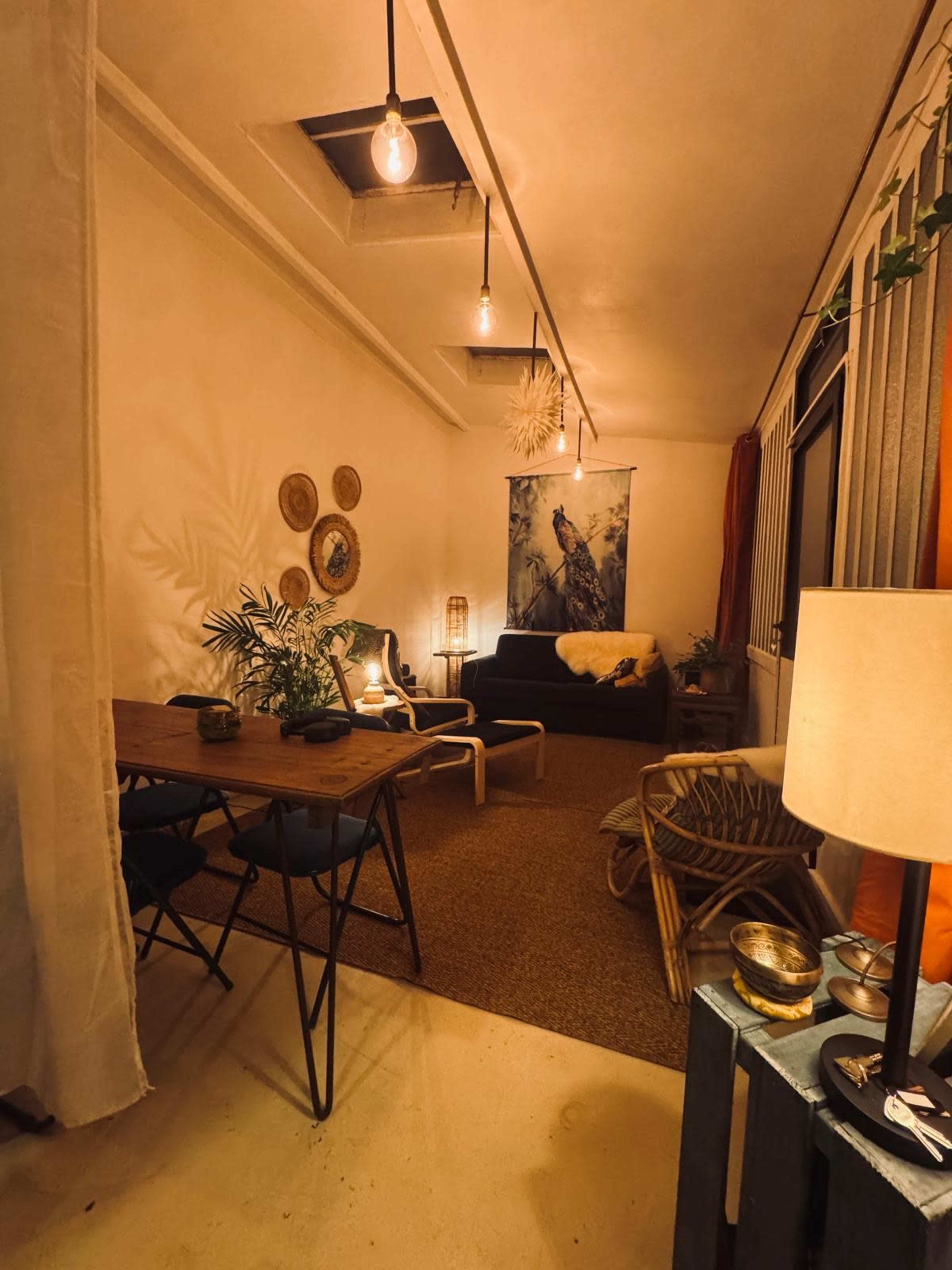 The image depicts a cozy living space featuring a dark couch, a dining table with chairs, artwork on the walls, and various plants and lighting fixtures.