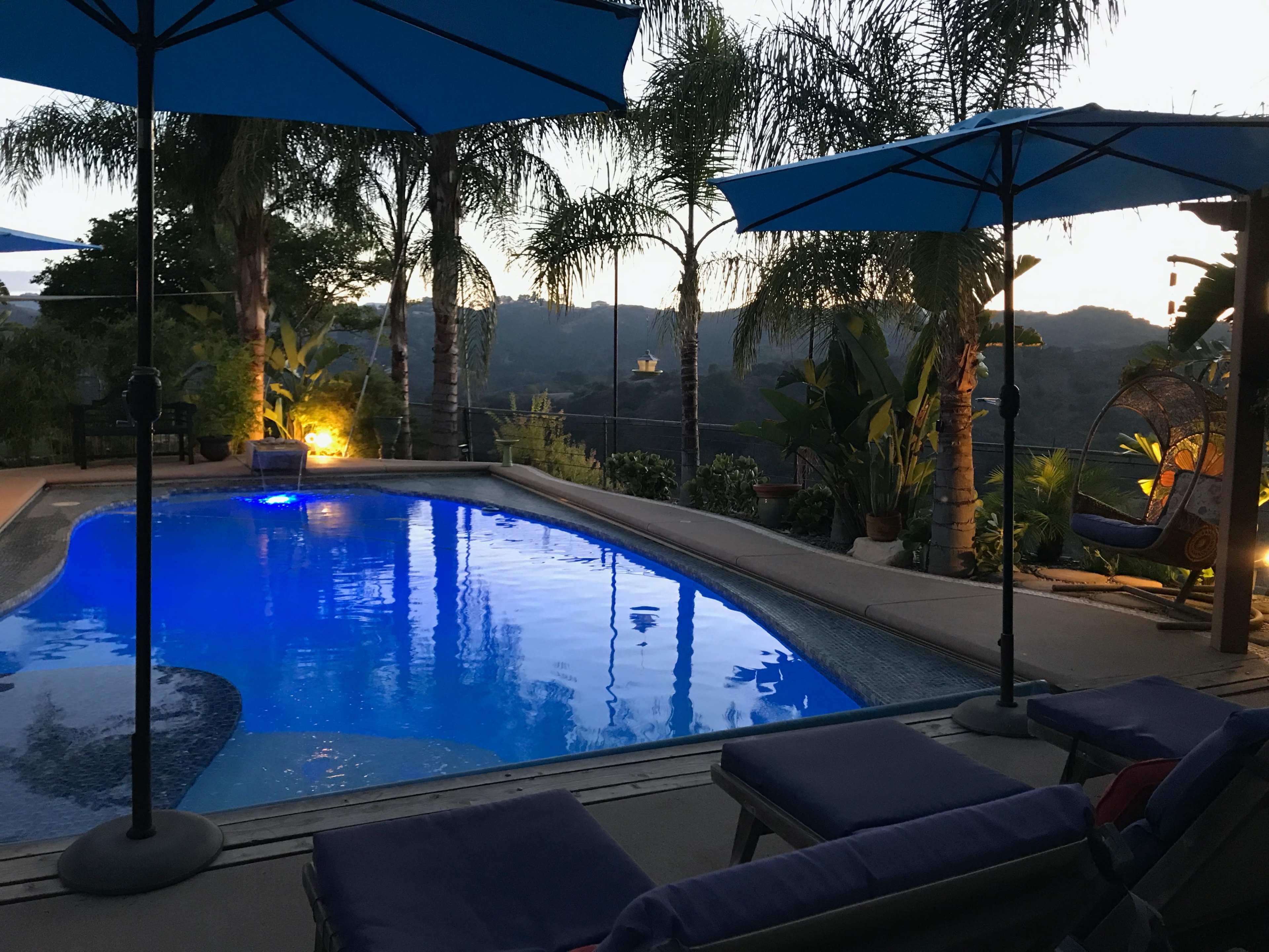 The scene shows a swimming pool surrounded by palm trees and blue umbrellas, illuminated by lights at dusk.