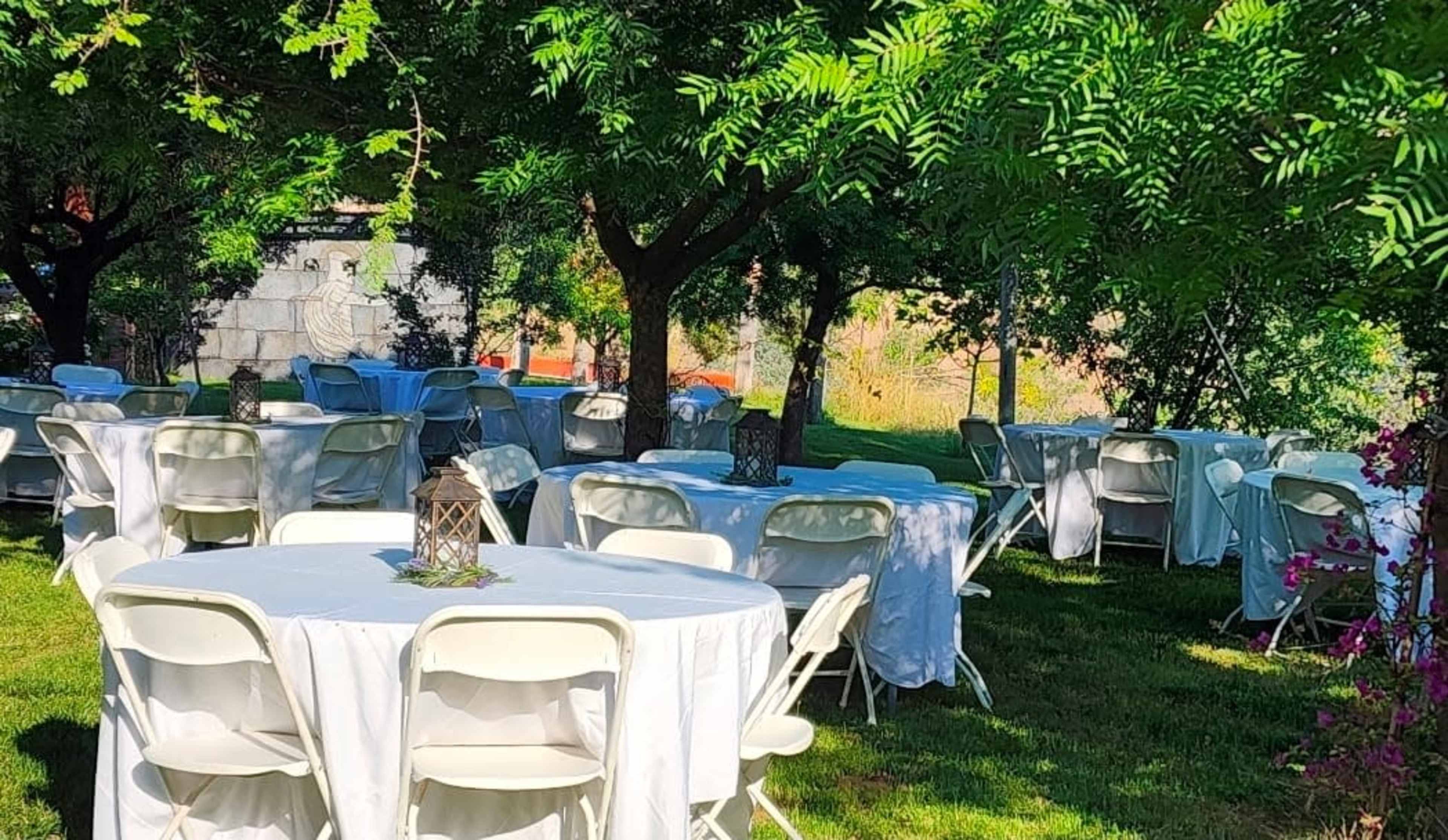 A garden area is set up with round tables covered in white tablecloths, surrounded by greenery and shaded by trees.