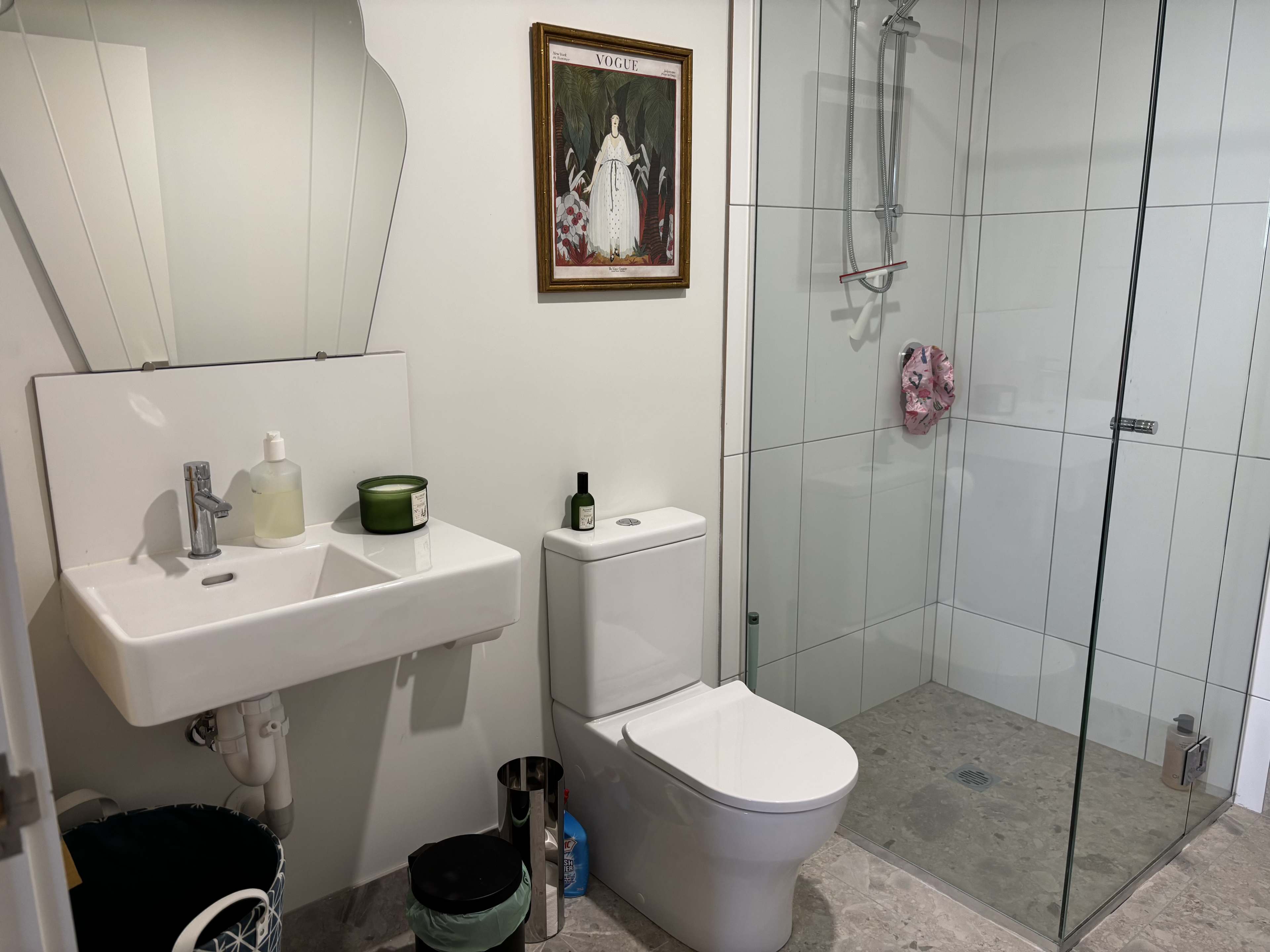 The image shows a modern bathroom featuring a white sink, a toilet, a glass shower enclosure, and a framed artwork on the wall.