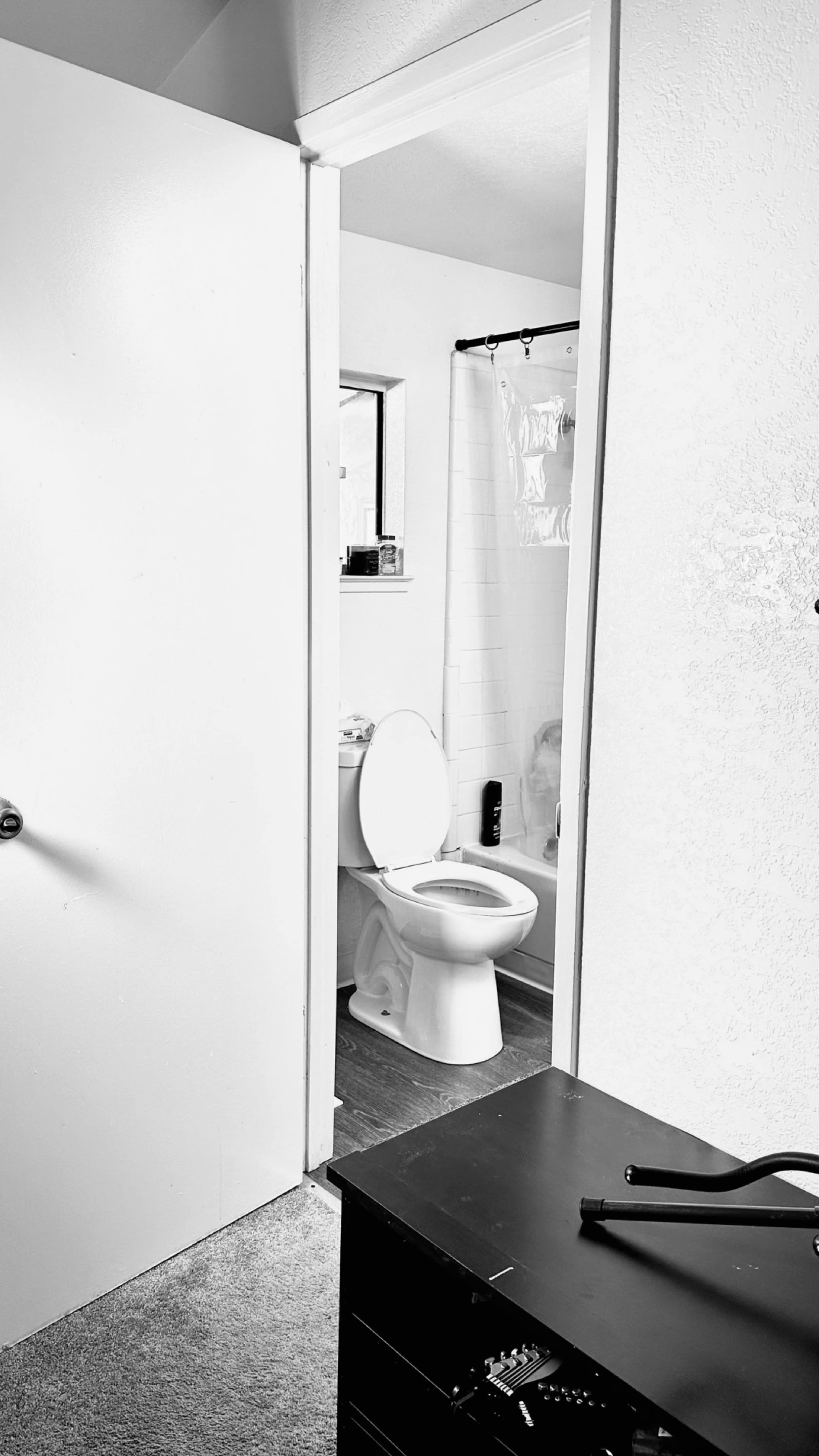 A bathroom with a toilet is visible through an open door, with a sink and shower also in the room.