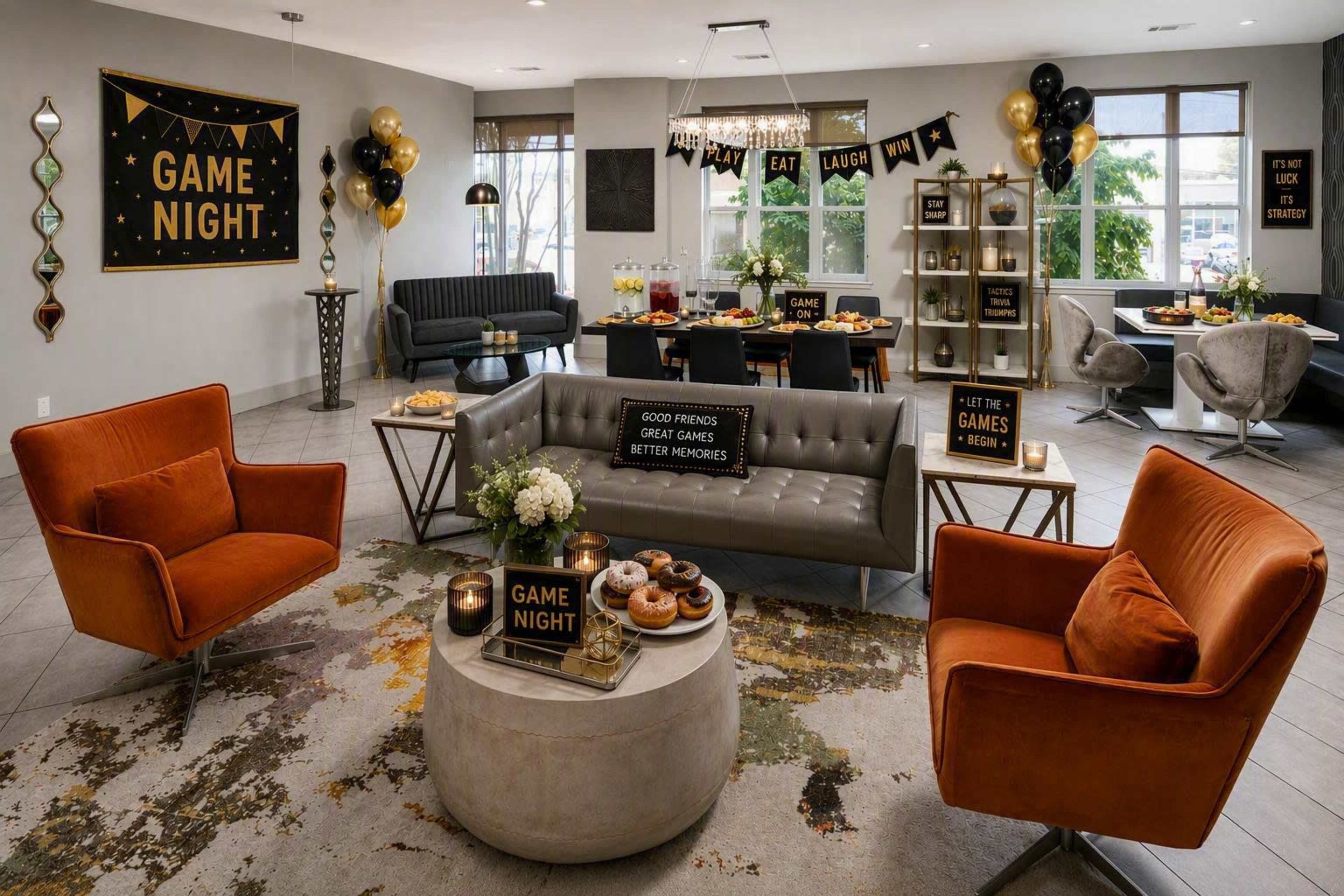 The image shows a decorated living space set up for a game night, featuring orange chairs, a coffee table with snacks, and banners hanging on the walls.