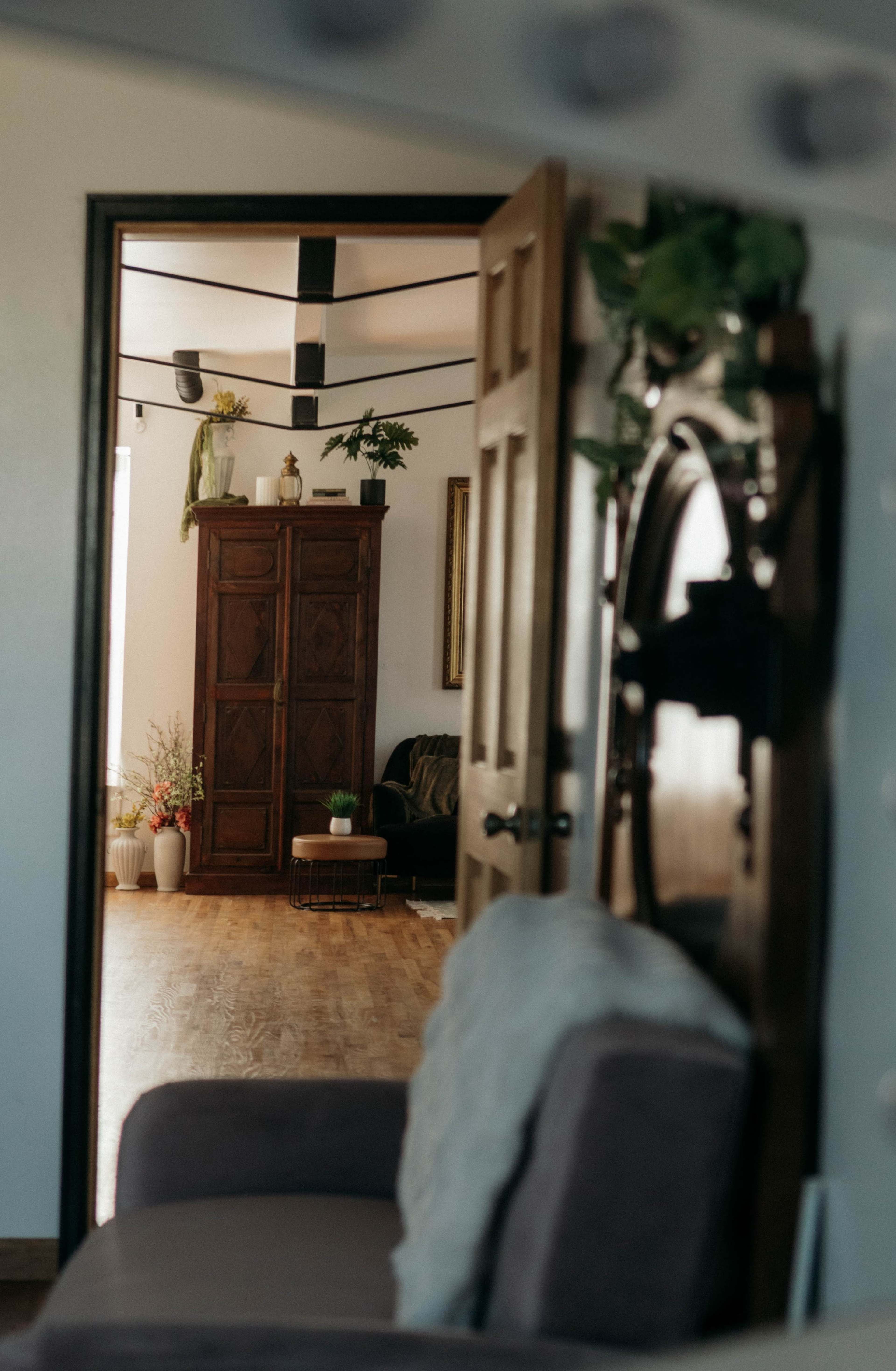 The image shows a doorway leading into a room with wood flooring, a decorative cabinet, and various indoor plants.