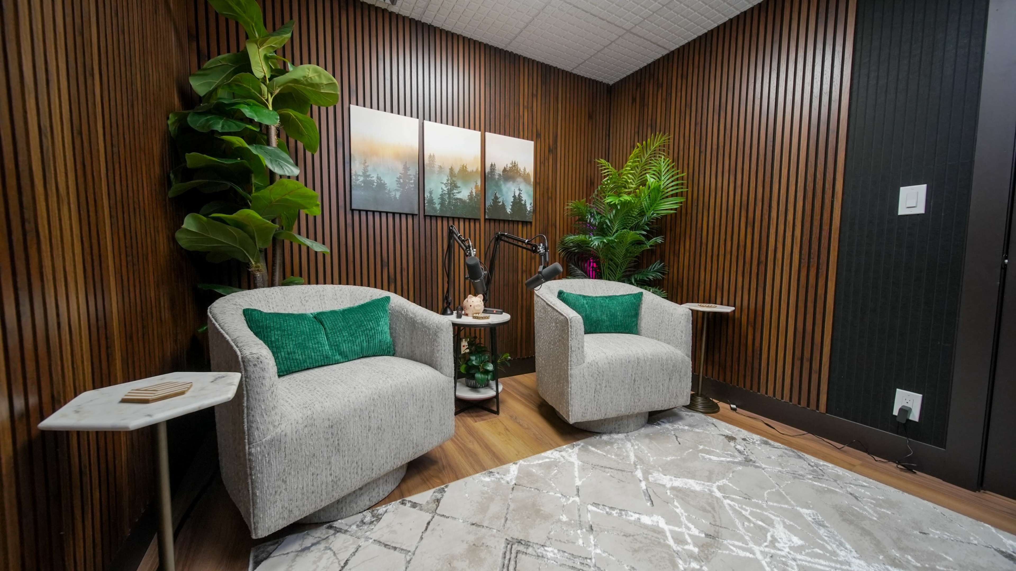 The image shows a cozy room with two gray chairs, each adorned with green cushions, positioned near a potted plant and a small side table.