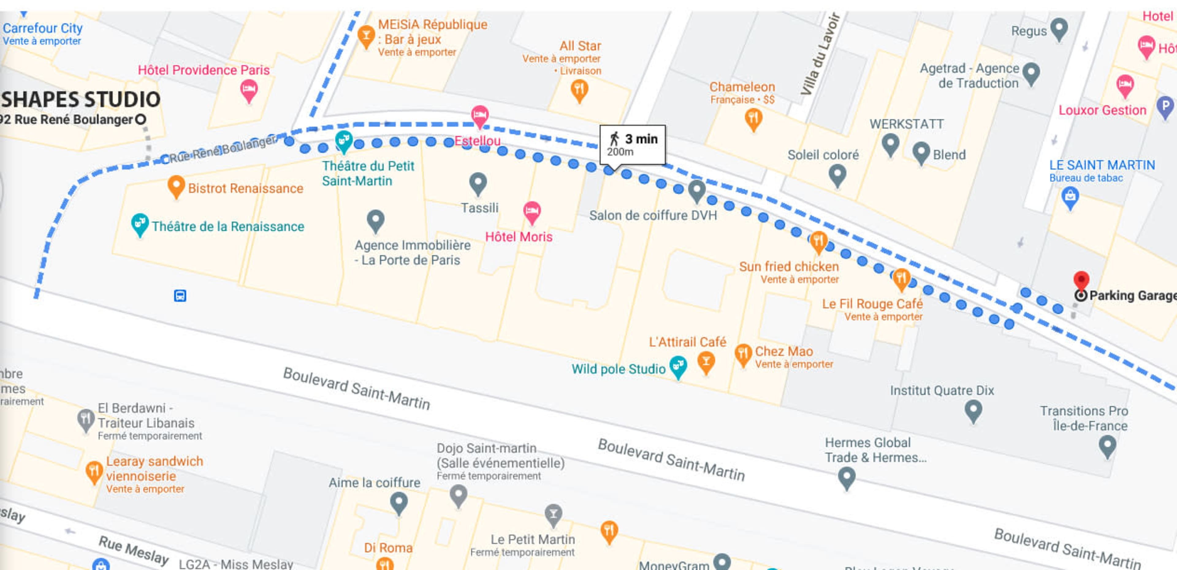 A map indicating a walking route from Shapes Studio to Parking Garage, with a distance of approximately 3 minutes.