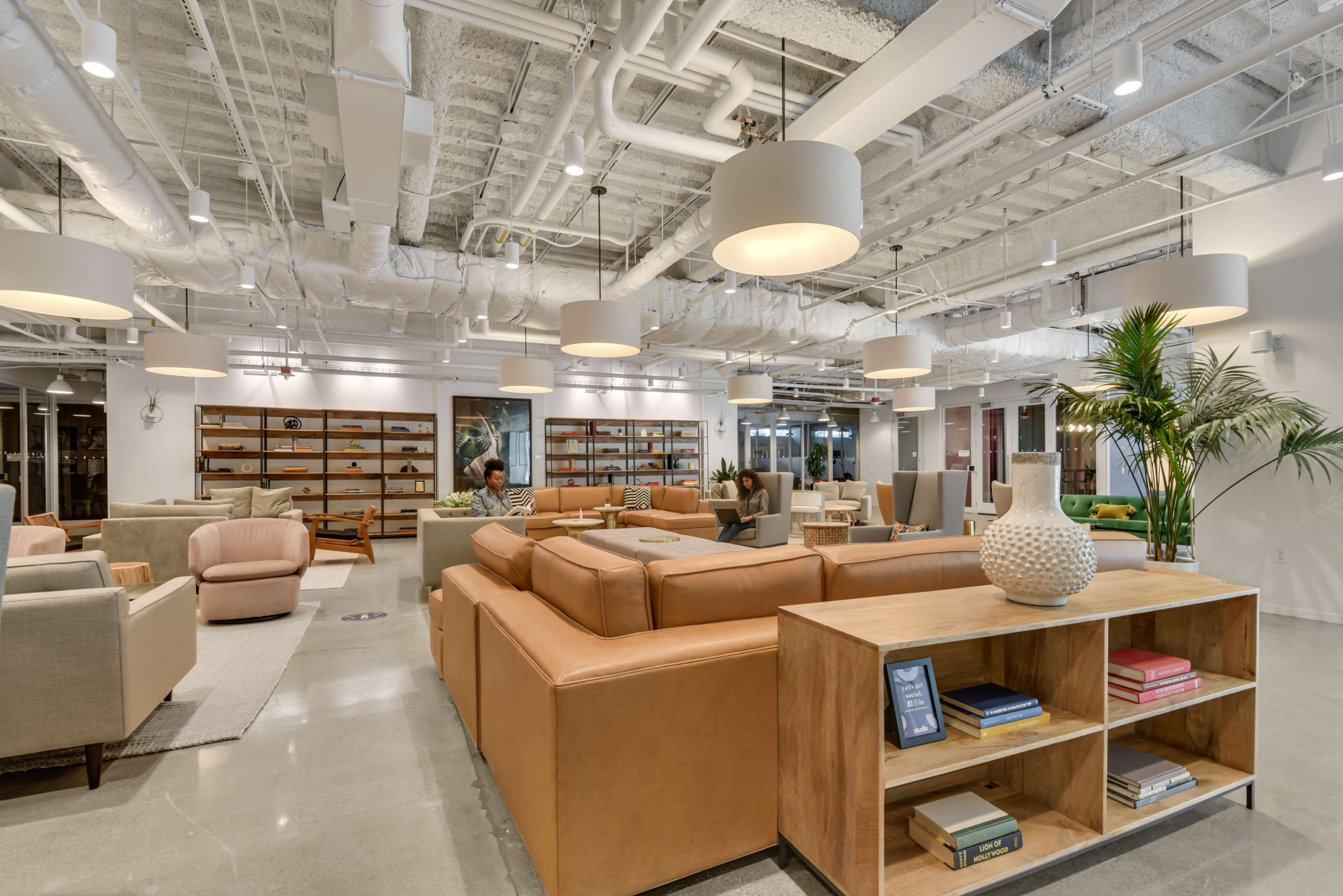 The image shows a modern lounge area with comfortable seating, overhead lighting fixtures, and decorative shelves filled with books and plants.