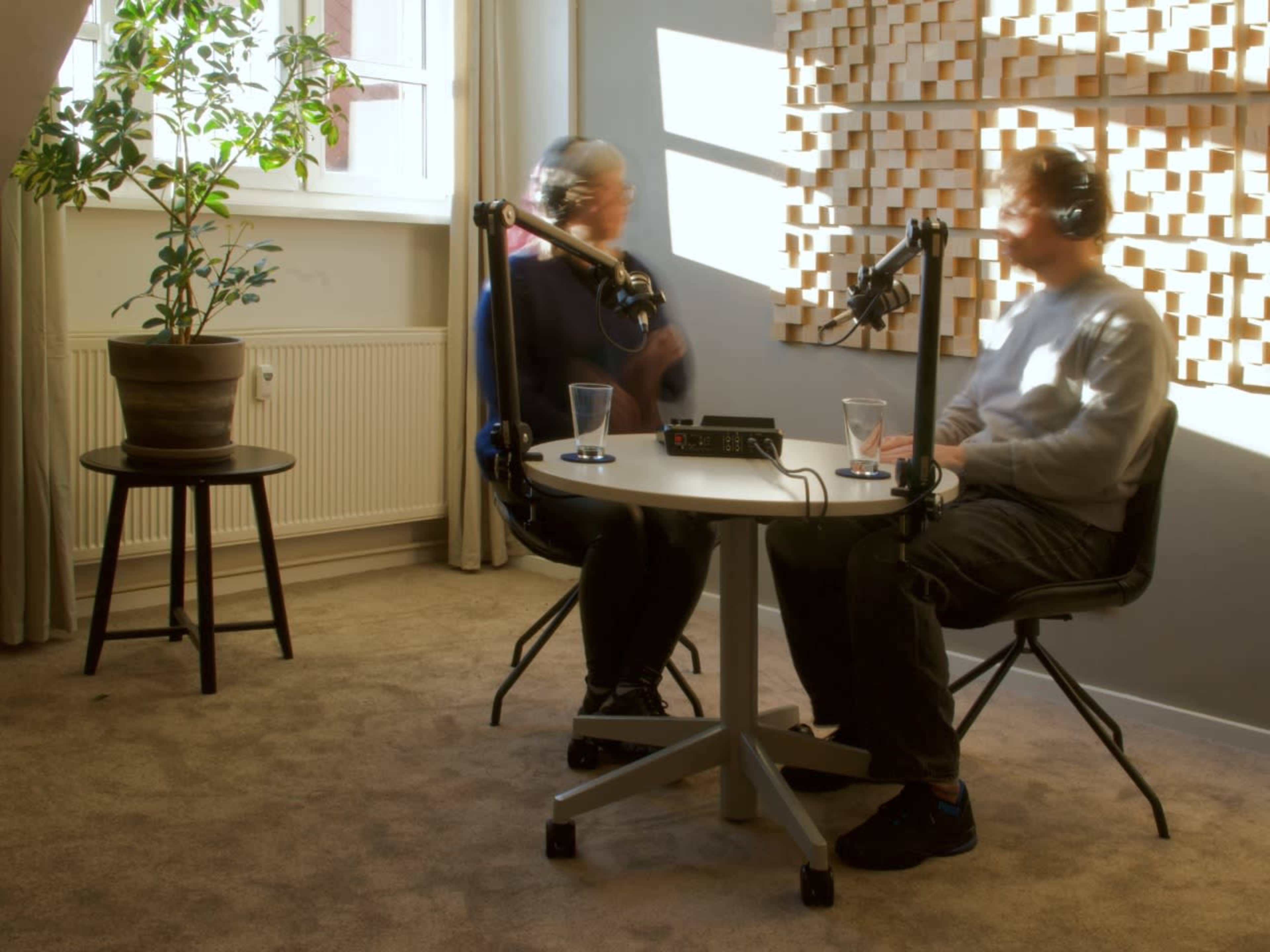 Two people sit at a table equipped with microphones in a well-lit room featuring a geometric sound-absorbing wall and a potted plant.