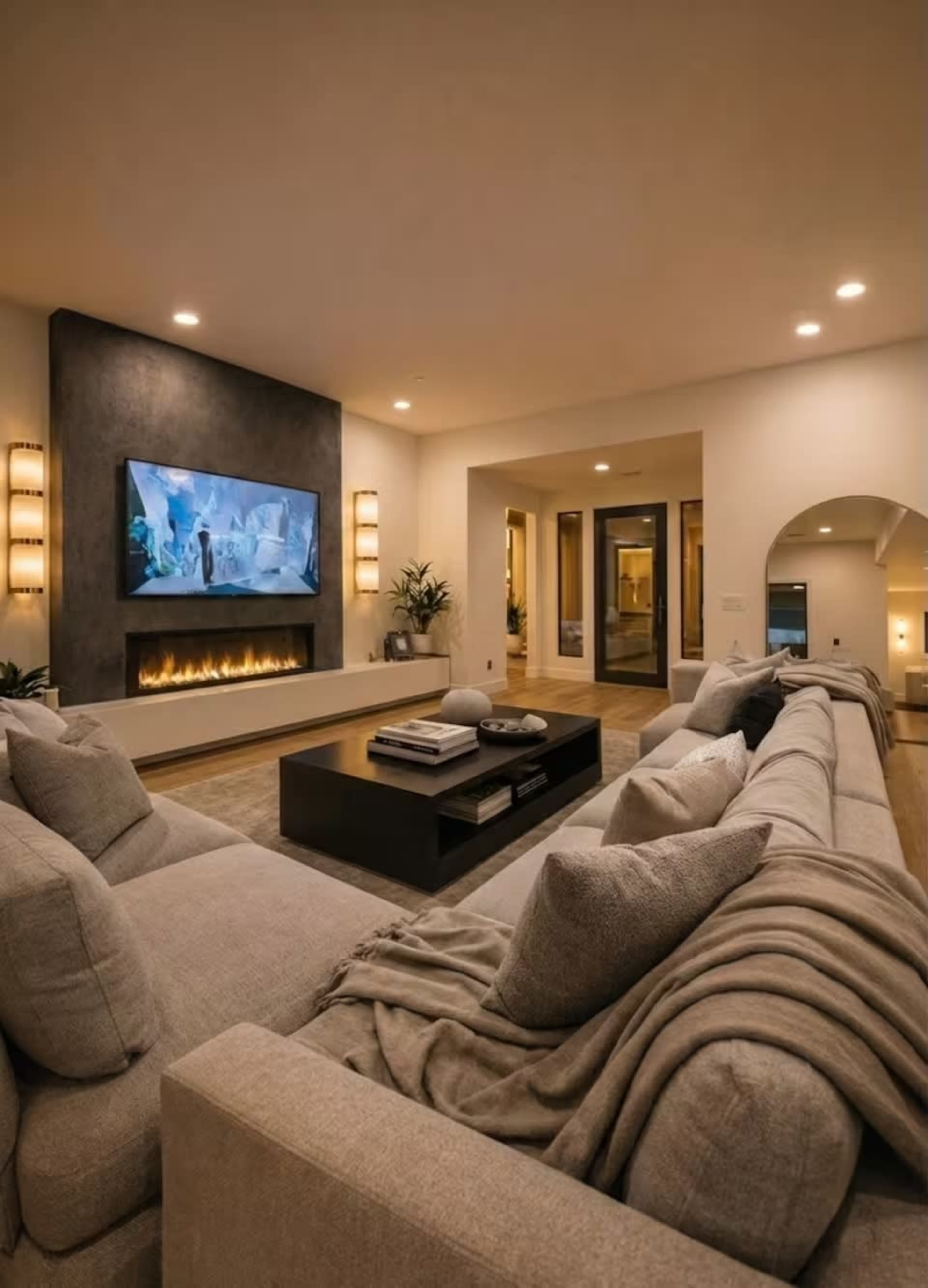The image shows a modern living room with a large sectional sofa, a flat-screen TV mounted on the wall, and a sleek fireplace below it.