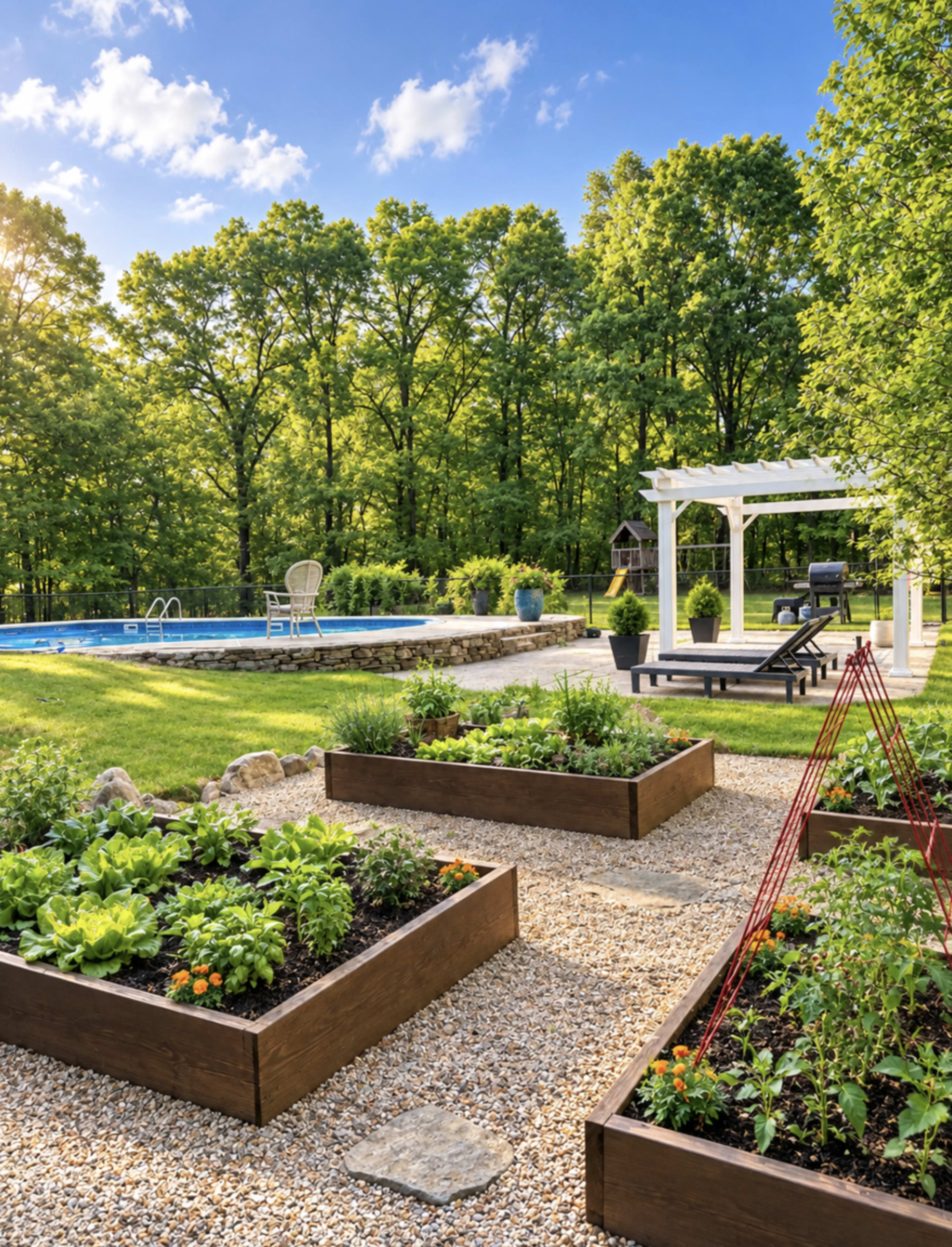 The image shows a backyard with raised garden beds filled with plants, a swimming pool, and a seating area under a pergola surrounded by trees.