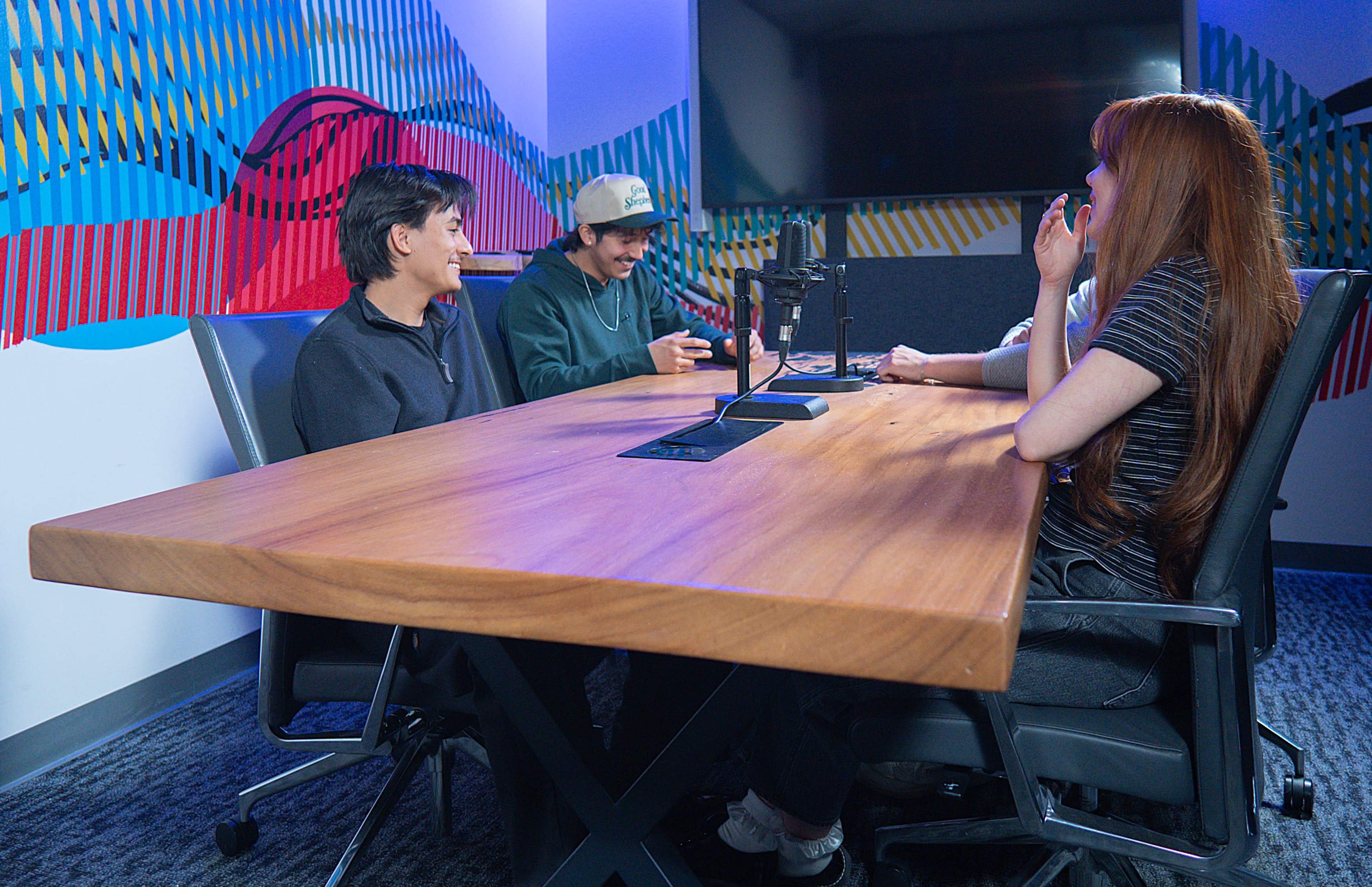 A group of four individuals is seated around a wooden conference table in a brightly colored meeting room, with microphones positioned in front of them.