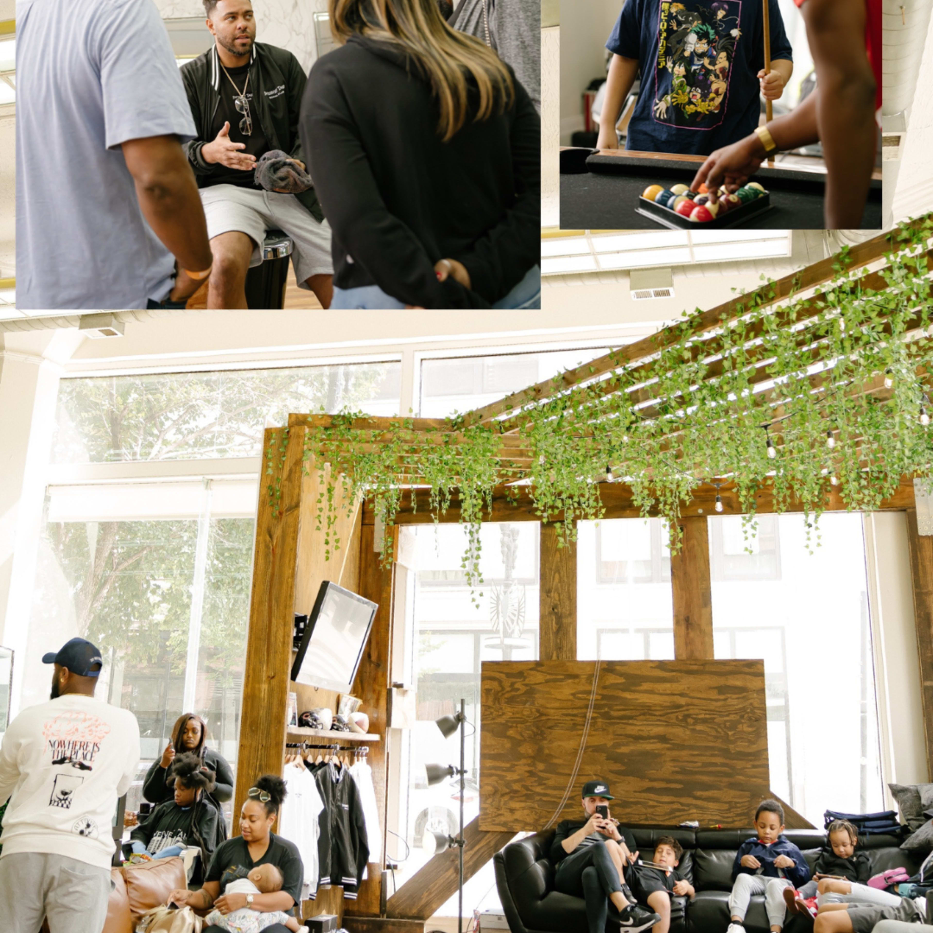 A diverse group of people engages in conversation and leisure activities in a modern, open space filled with greenery and natural light.