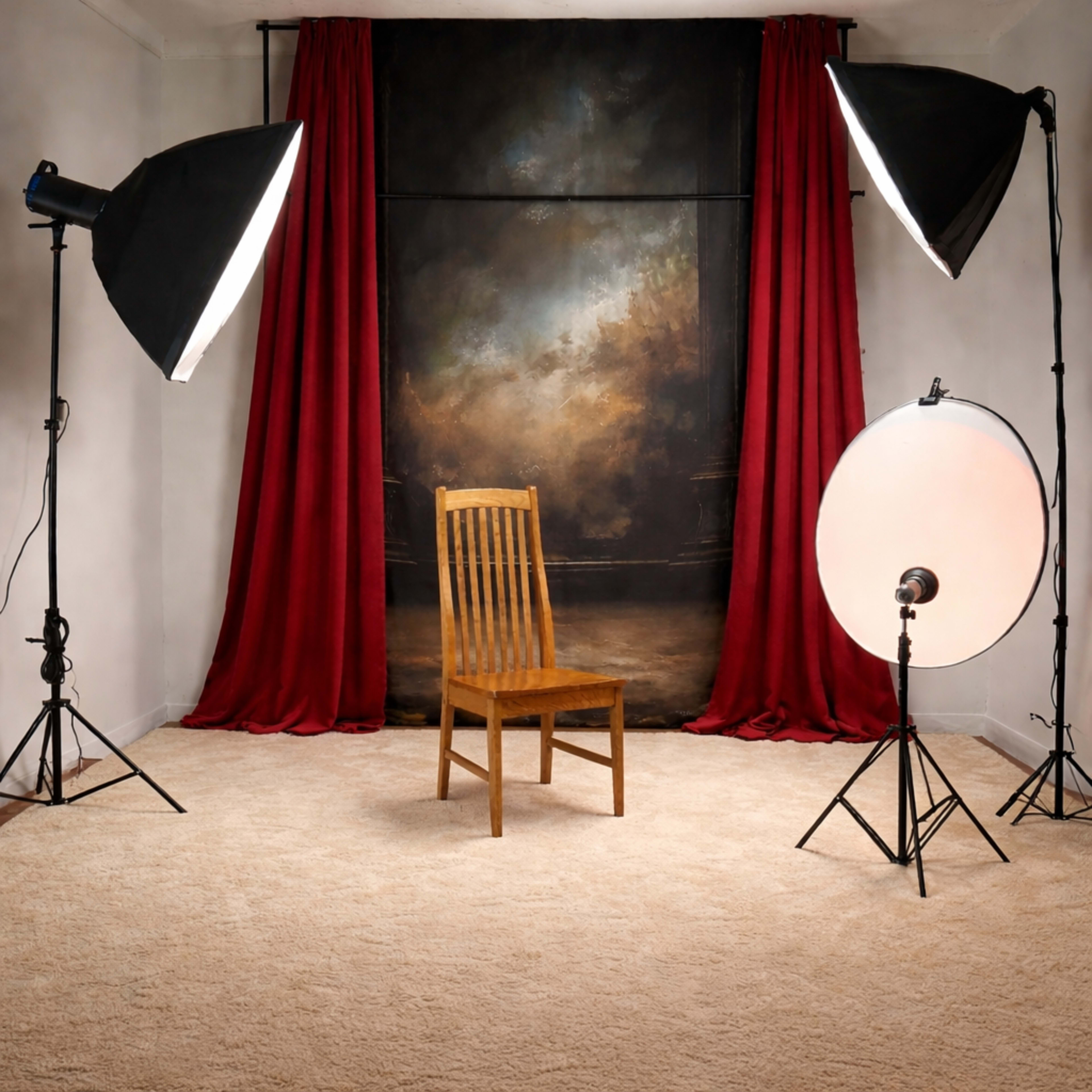 The image depicts a photography studio with a single wooden chair positioned on a carpet, surrounded by two large studio lights and draped red curtains in the background.