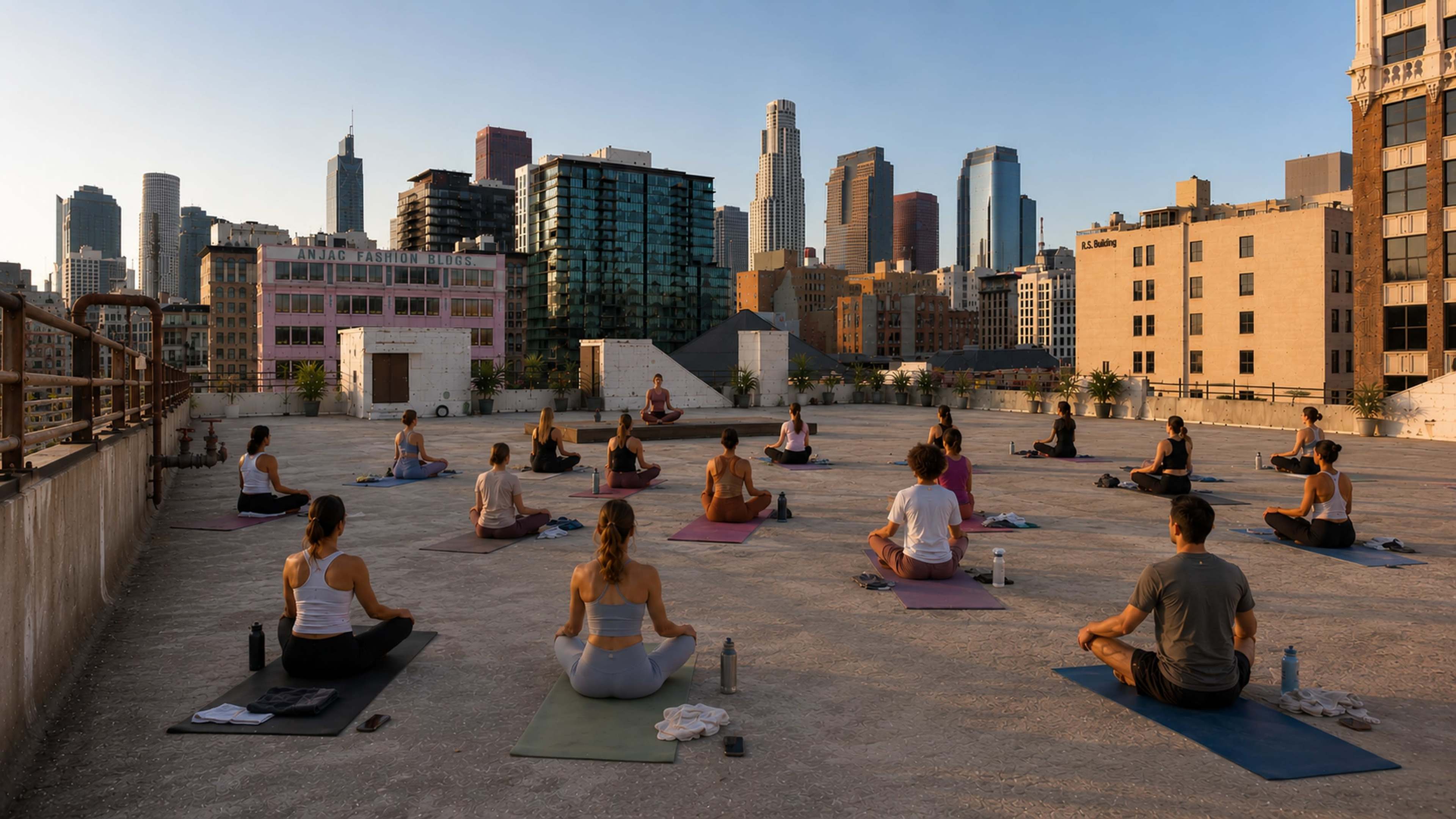 A group of people practice yoga on a rooftop in an urban setting, with a skyline of tall buildings in the background.