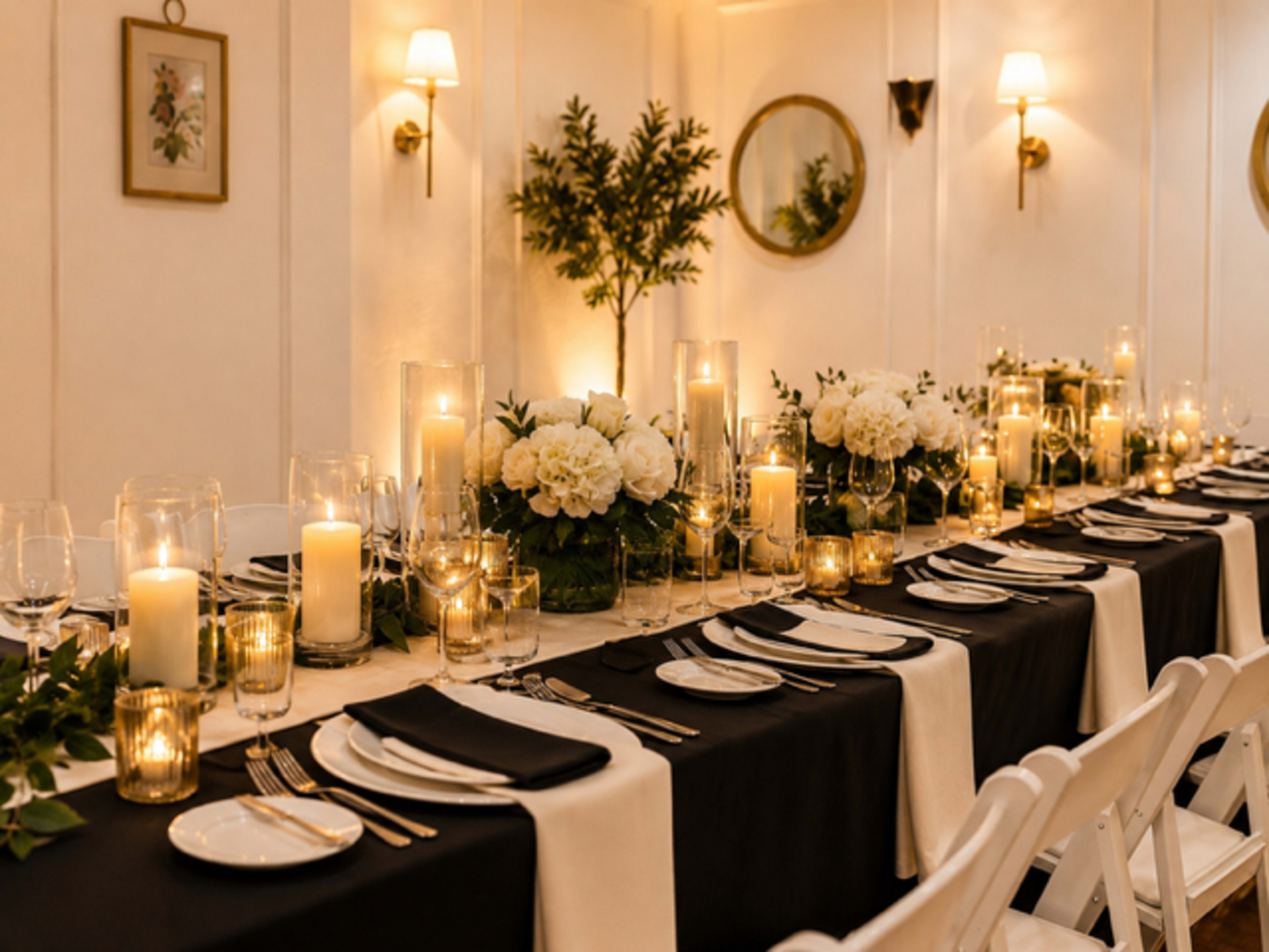 A long dining table is set with white and black table linens, surrounded by candles, glass vases filled with flowers, and elegant place settings.