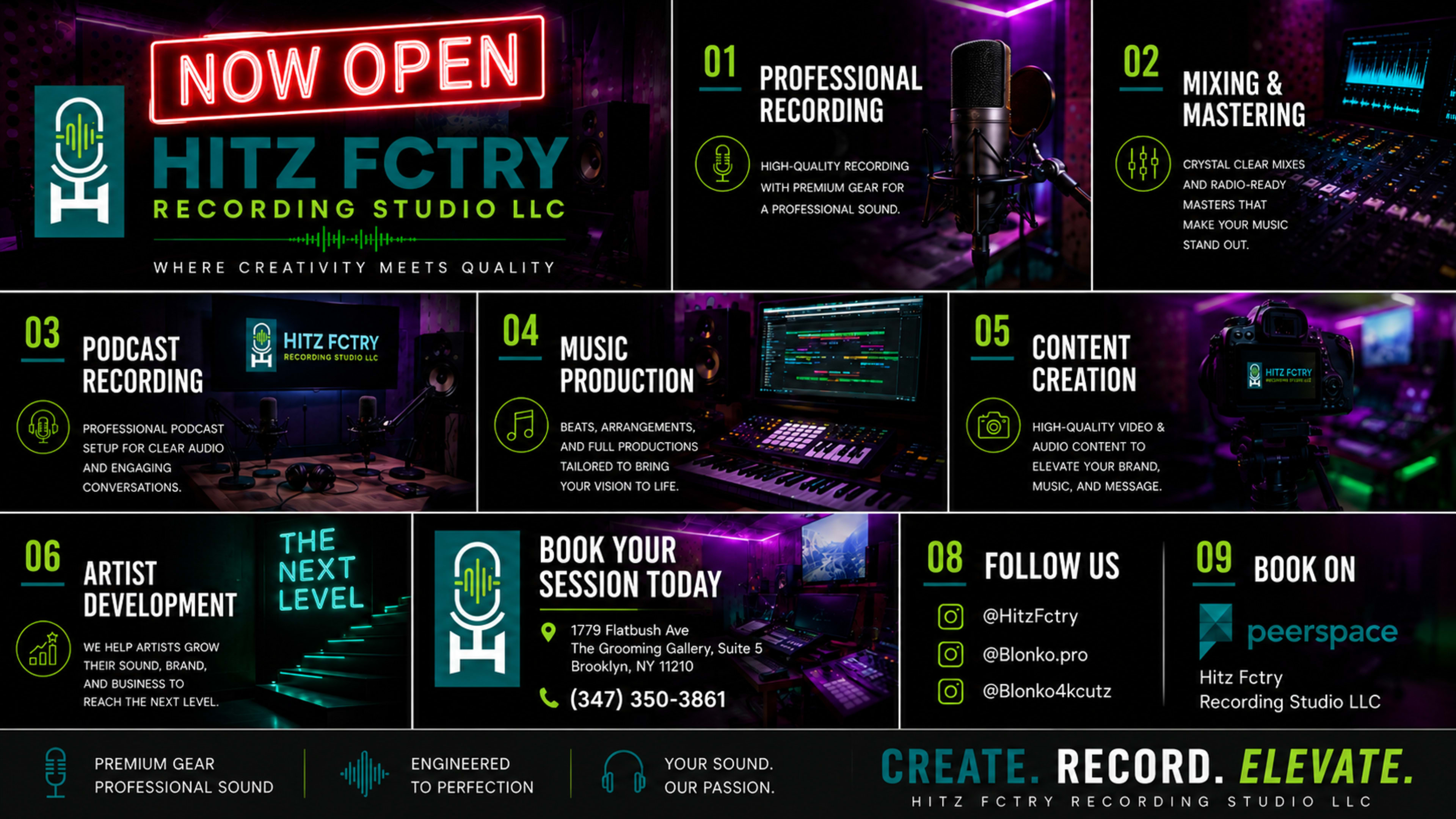 The image is a promotional graphic for Hitz Fctry Recording Studio LLC, detailing services offered such as professional recording, mixing and mastering, podcast recording, music production, content creation, and artist development, along with contact information.