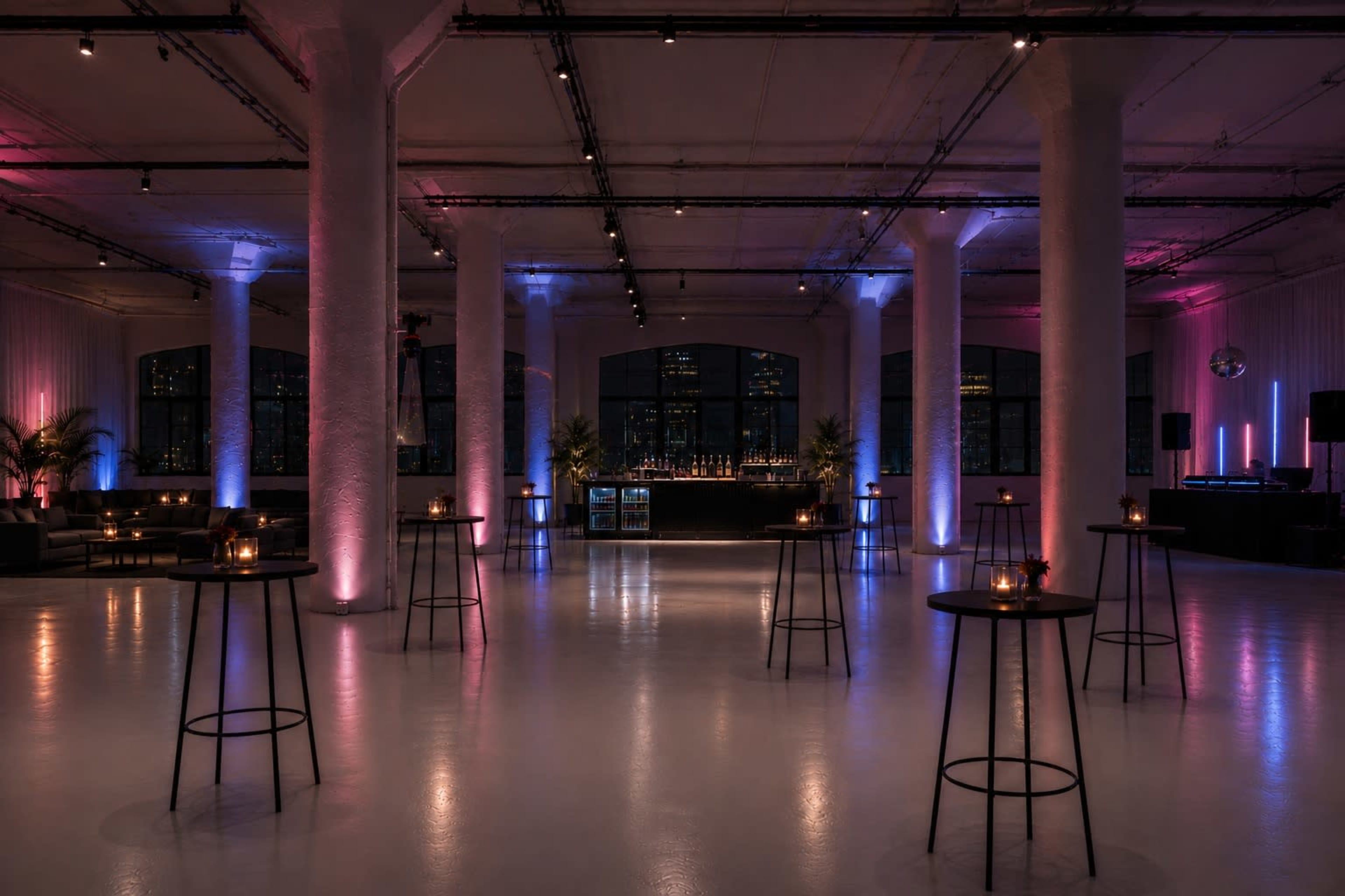 The image shows a spacious event venue with tall columns, minimal furnishings, and ambient lighting in pink and blue hues, featuring several tables with candles.