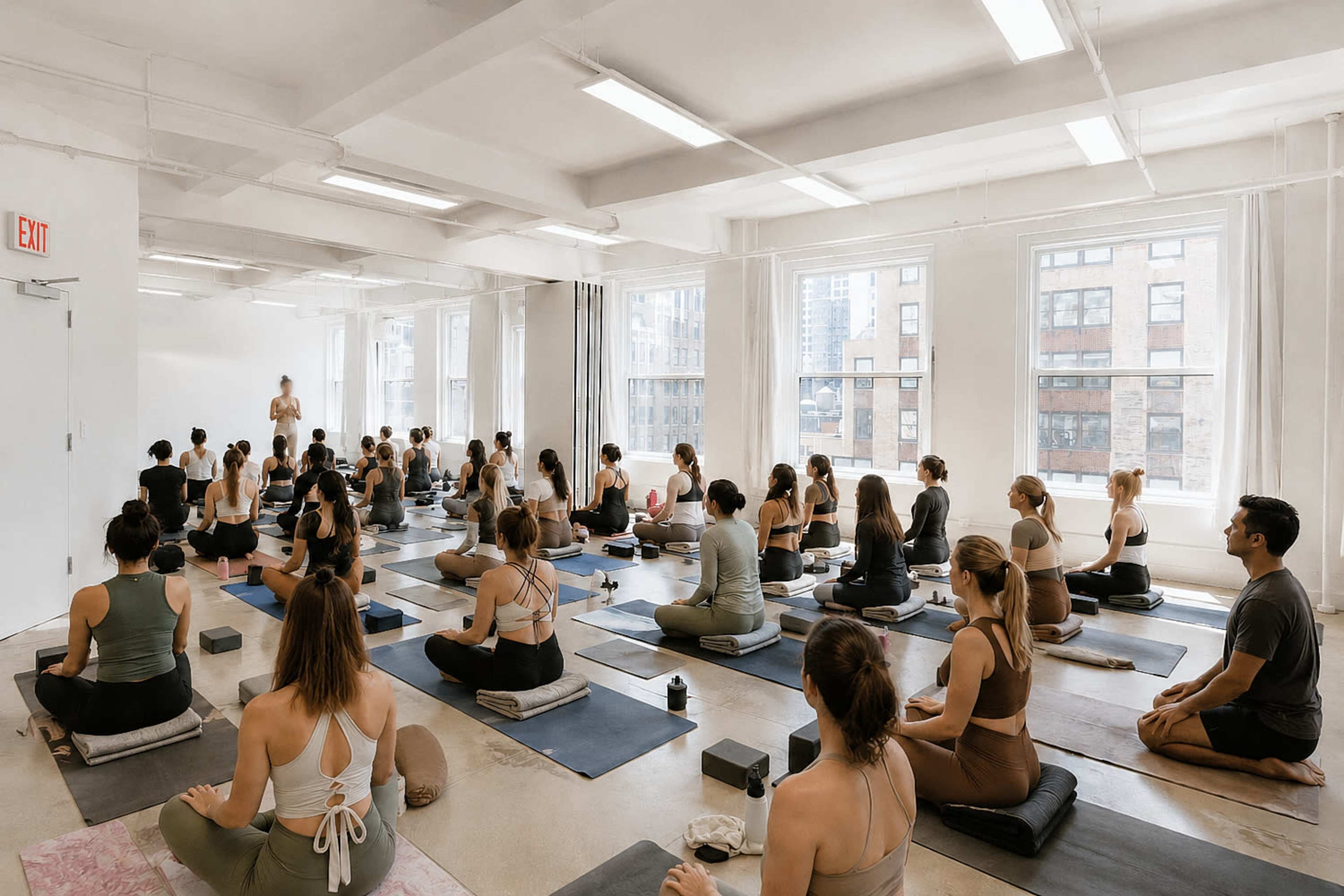 A group of people are seated in a yoga studio, attentively facing an instructor at the front, with large windows displaying a cityscape in the background.