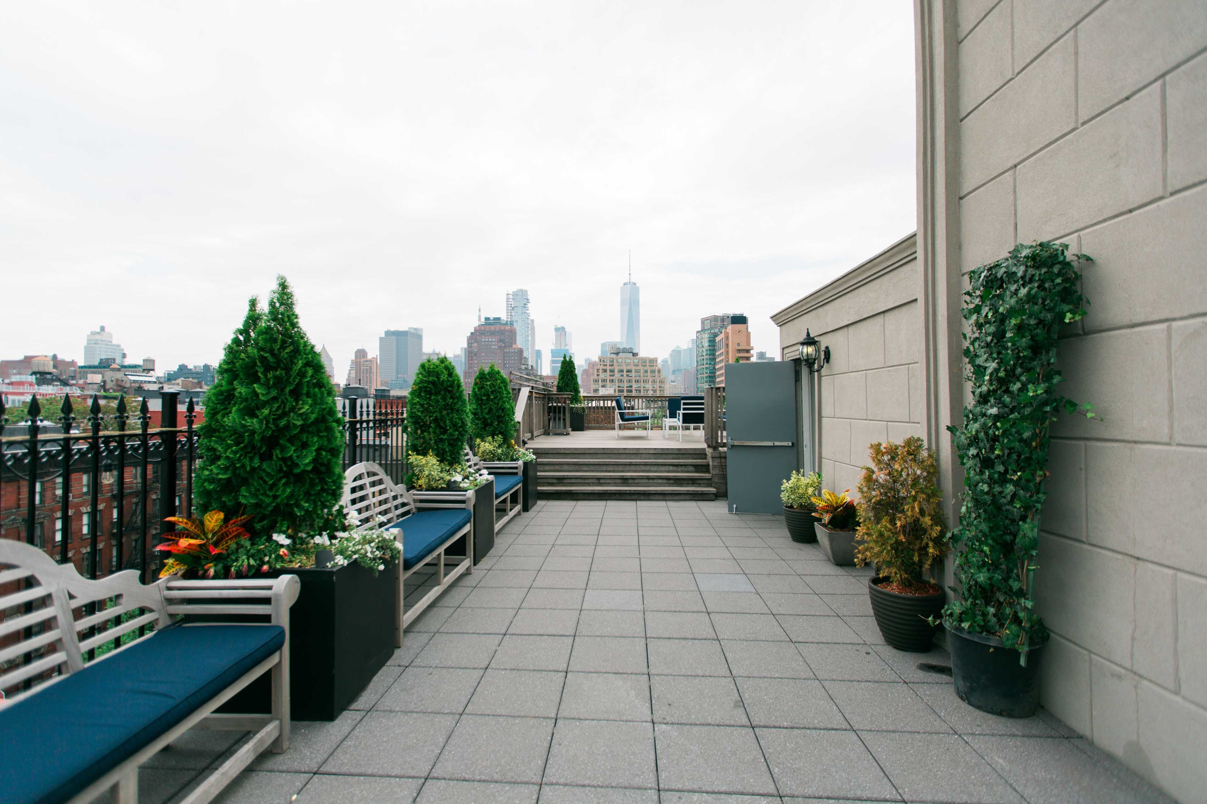 A rooftop terrace features benches with potted plants and a view of city skyscrapers in the distance.