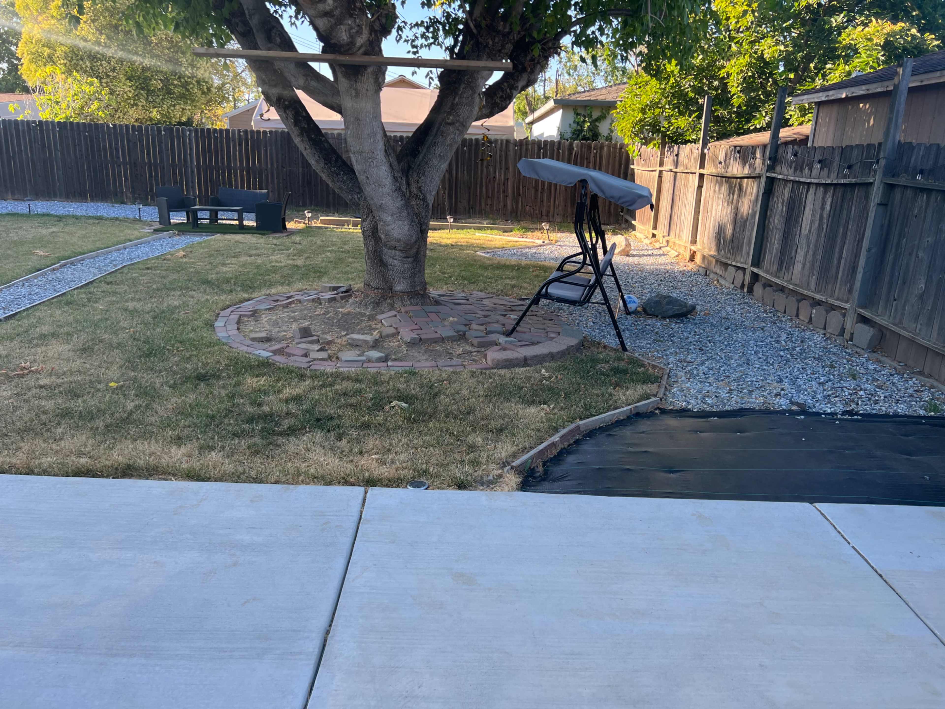 A backyard with a large tree, a circular stone area around its base, a swinging chair, and a gravel pathway beside a wooden fence.