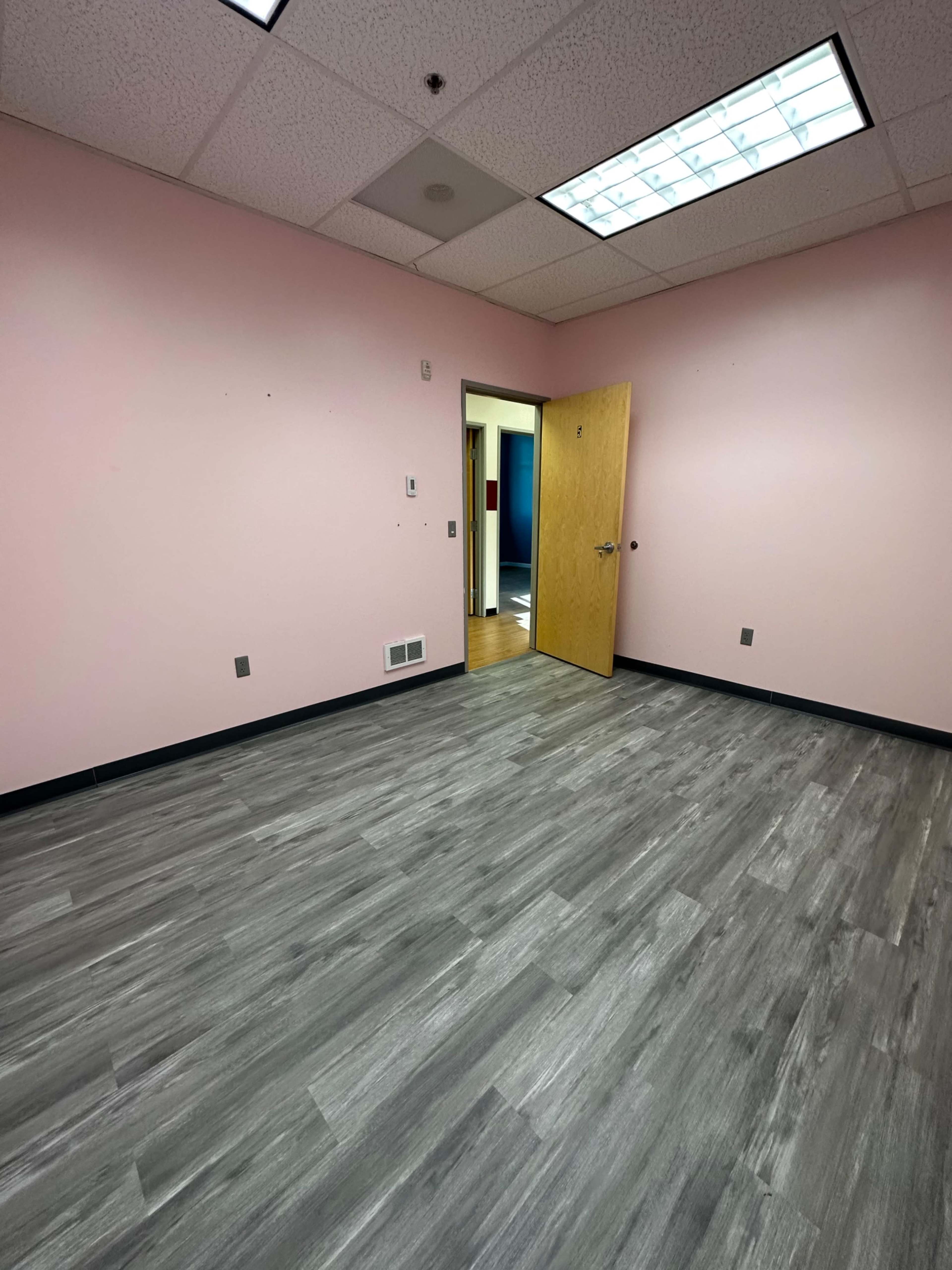 The image shows an empty room with pink walls, a wooden door slightly ajar, and gray laminate flooring.